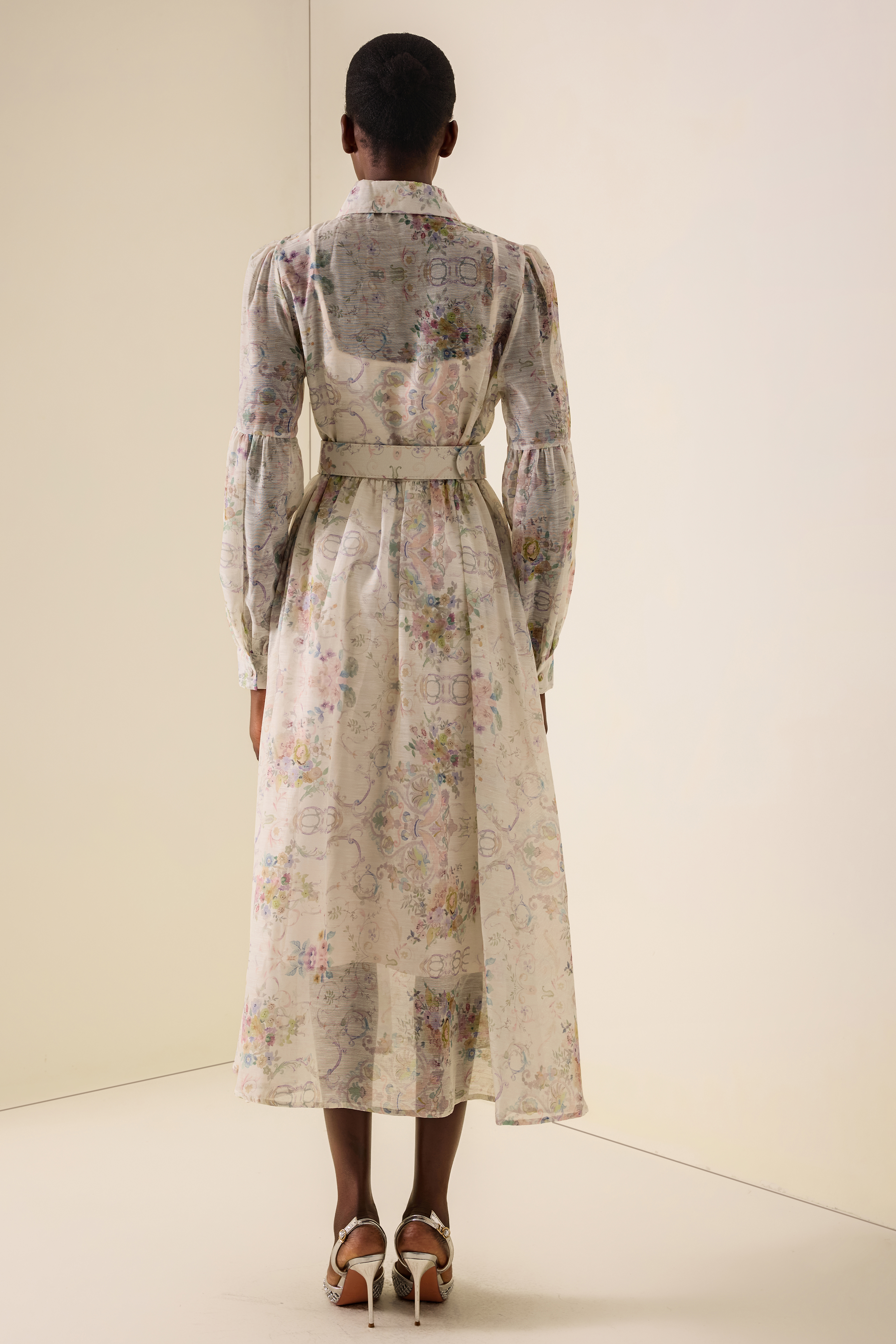 Floral Rhinestone Rivets Midi Dress With Belt