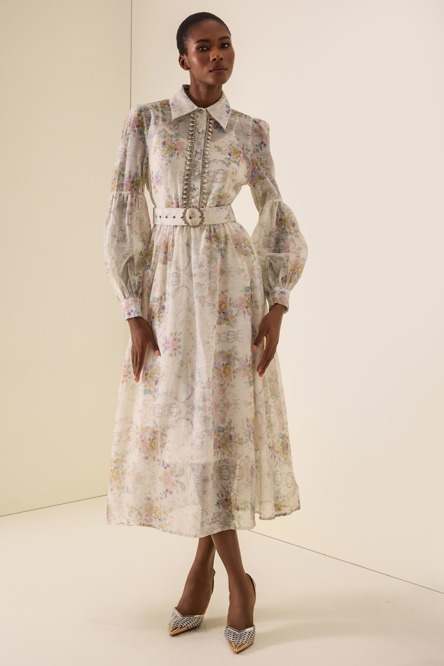 Floral Rhinestone Rivets Midi Dress With Belt