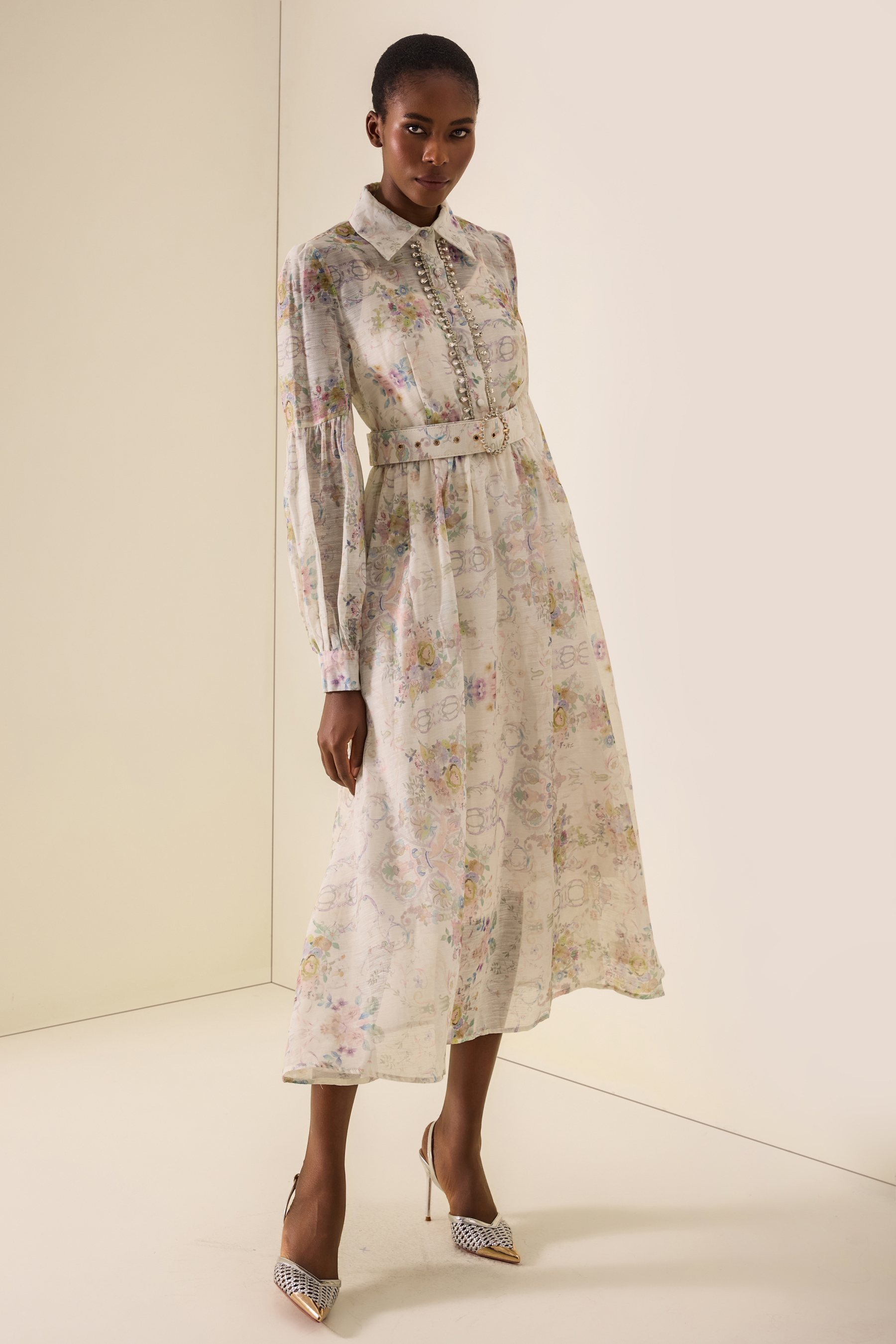 Floral Rhinestone Rivets Midi Dress With Belt