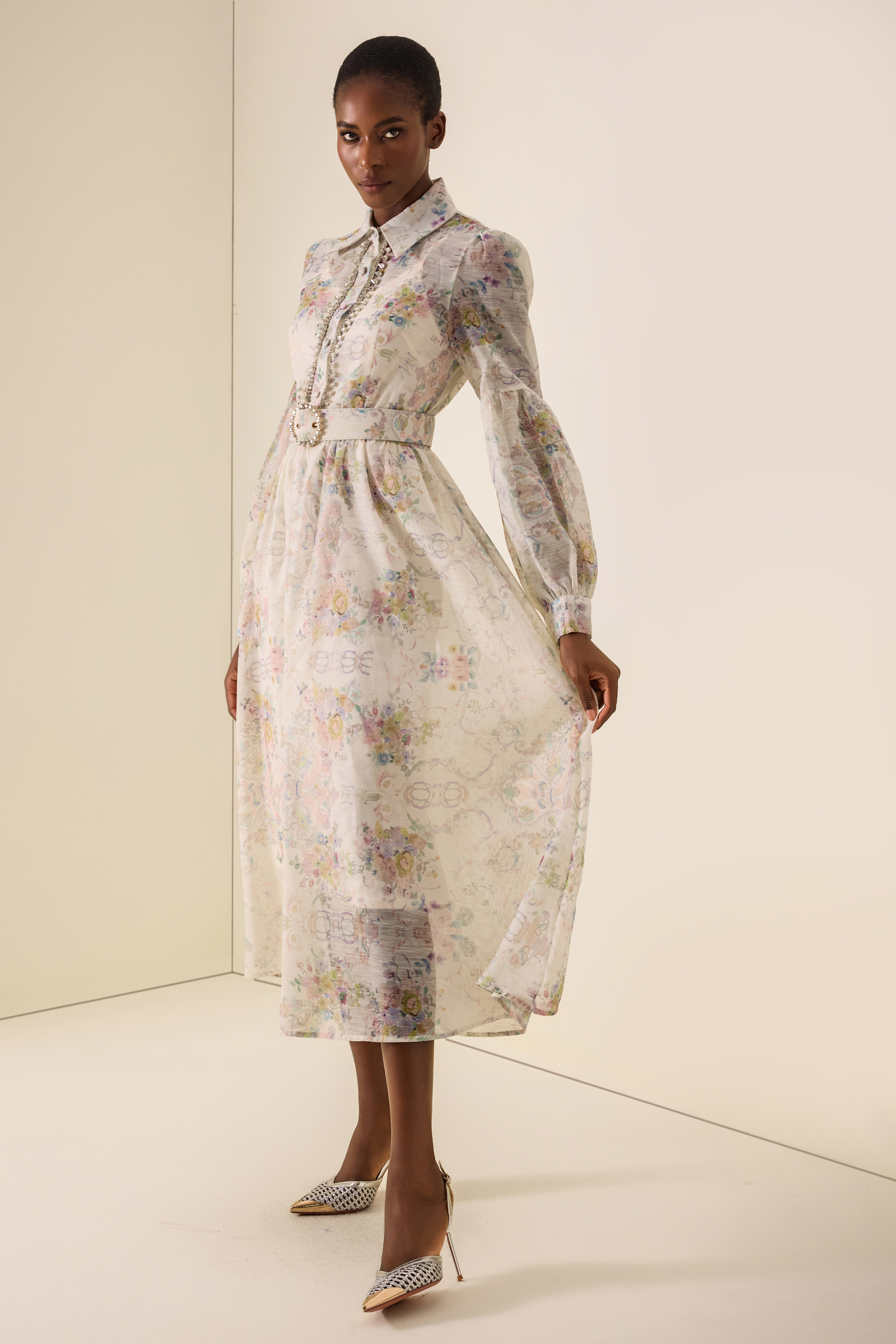 Floral Rhinestone Rivets Midi Dress With Belt
