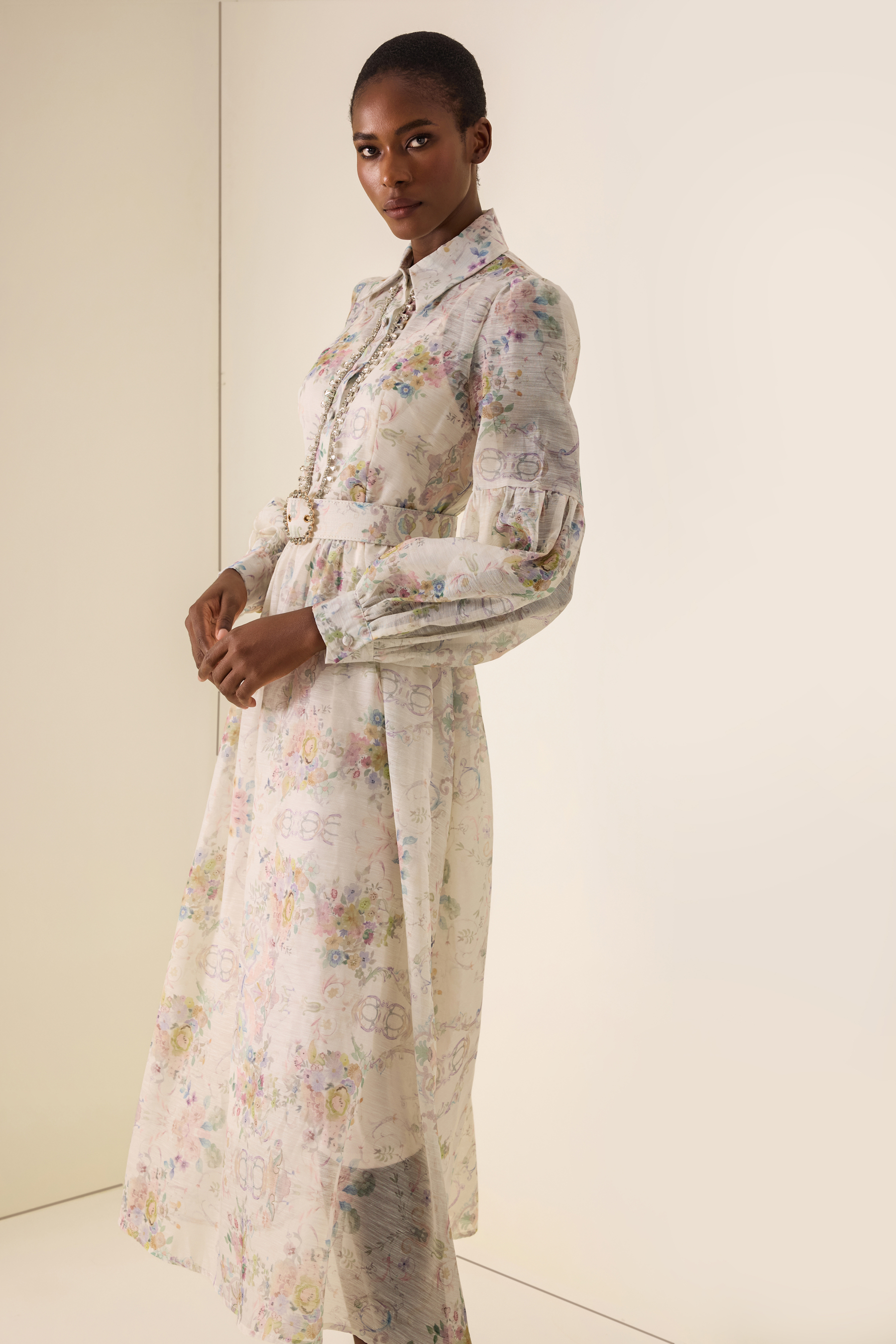 Floral Rhinestone Rivets Midi Dress With Belt