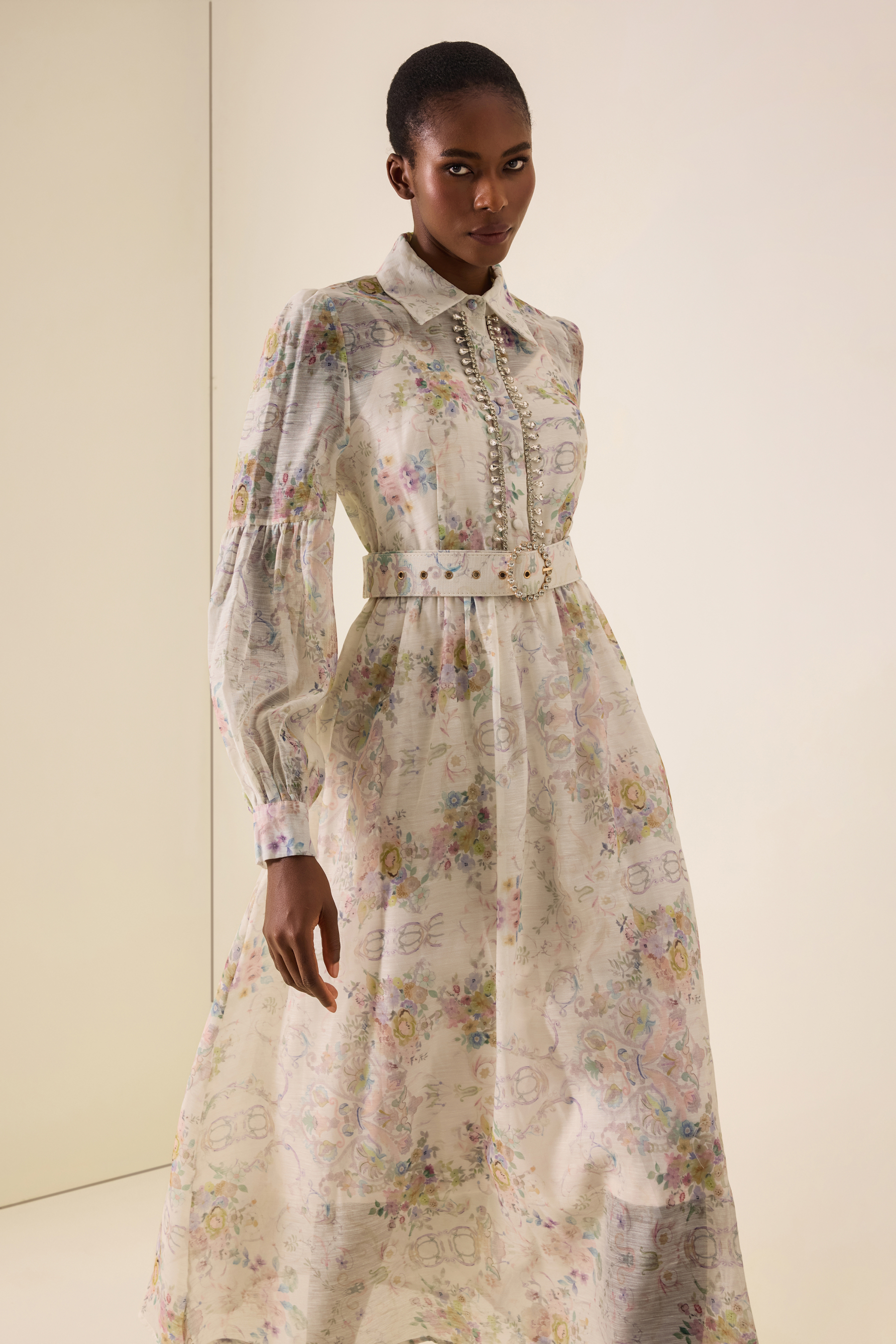 Floral Rhinestone Rivets Midi Dress With Belt