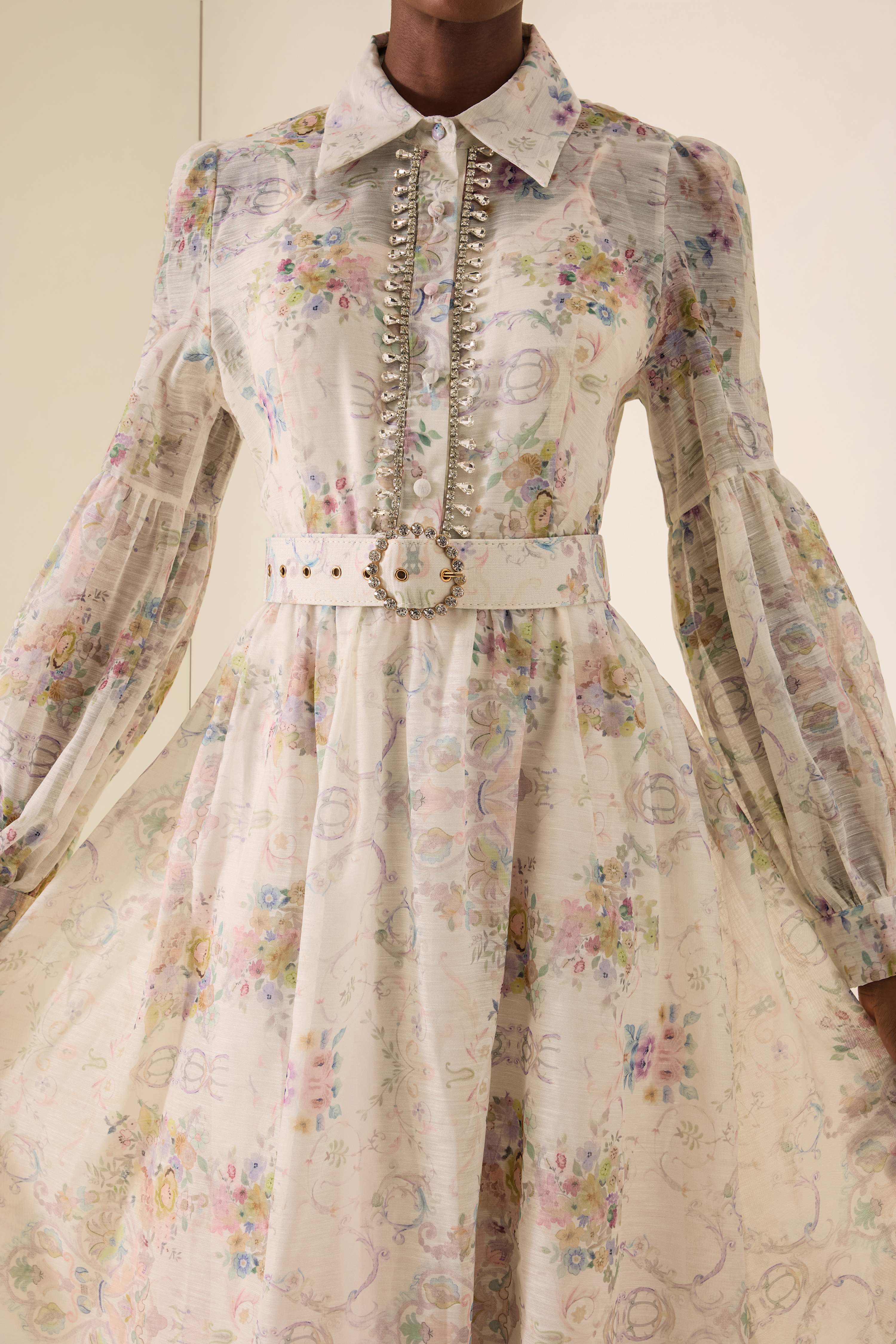 Floral Rhinestone Rivets Midi Dress With Belt