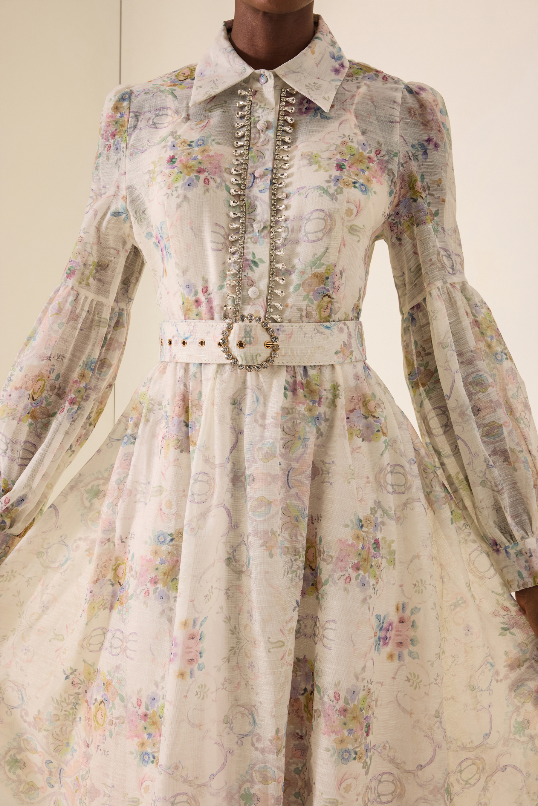 Floral Rhinestone Rivets Midi Dress With Belt
