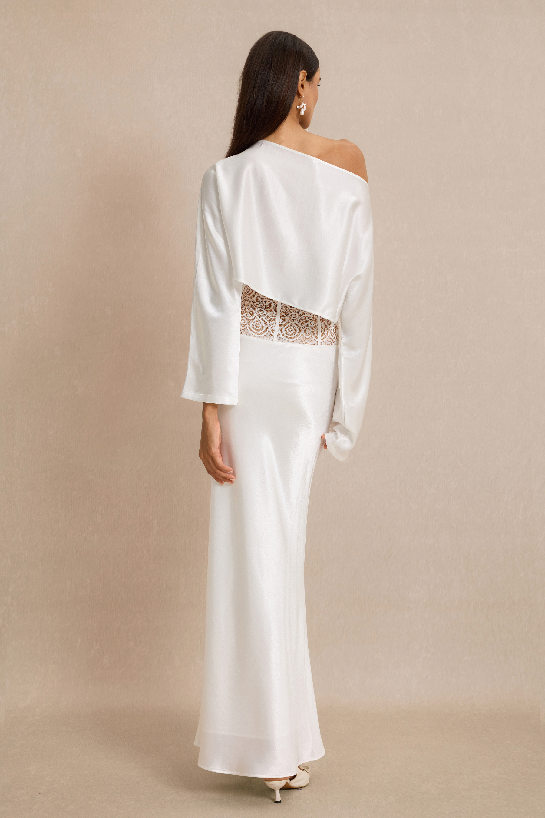 Satin Skew Collar Top & High Waist Maxi Skirt Set