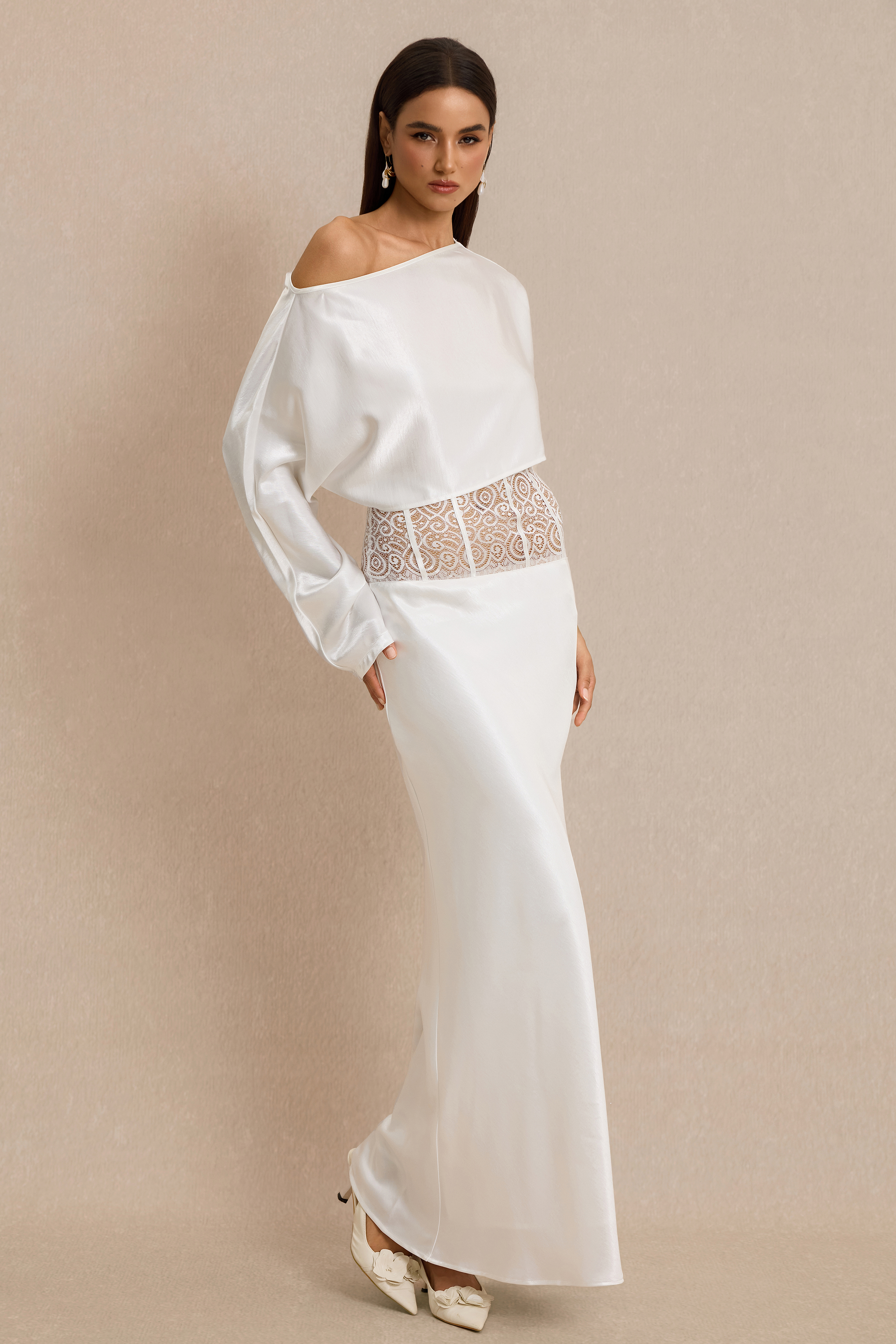 Satin Skew Collar Top & High Waist Maxi Skirt Set