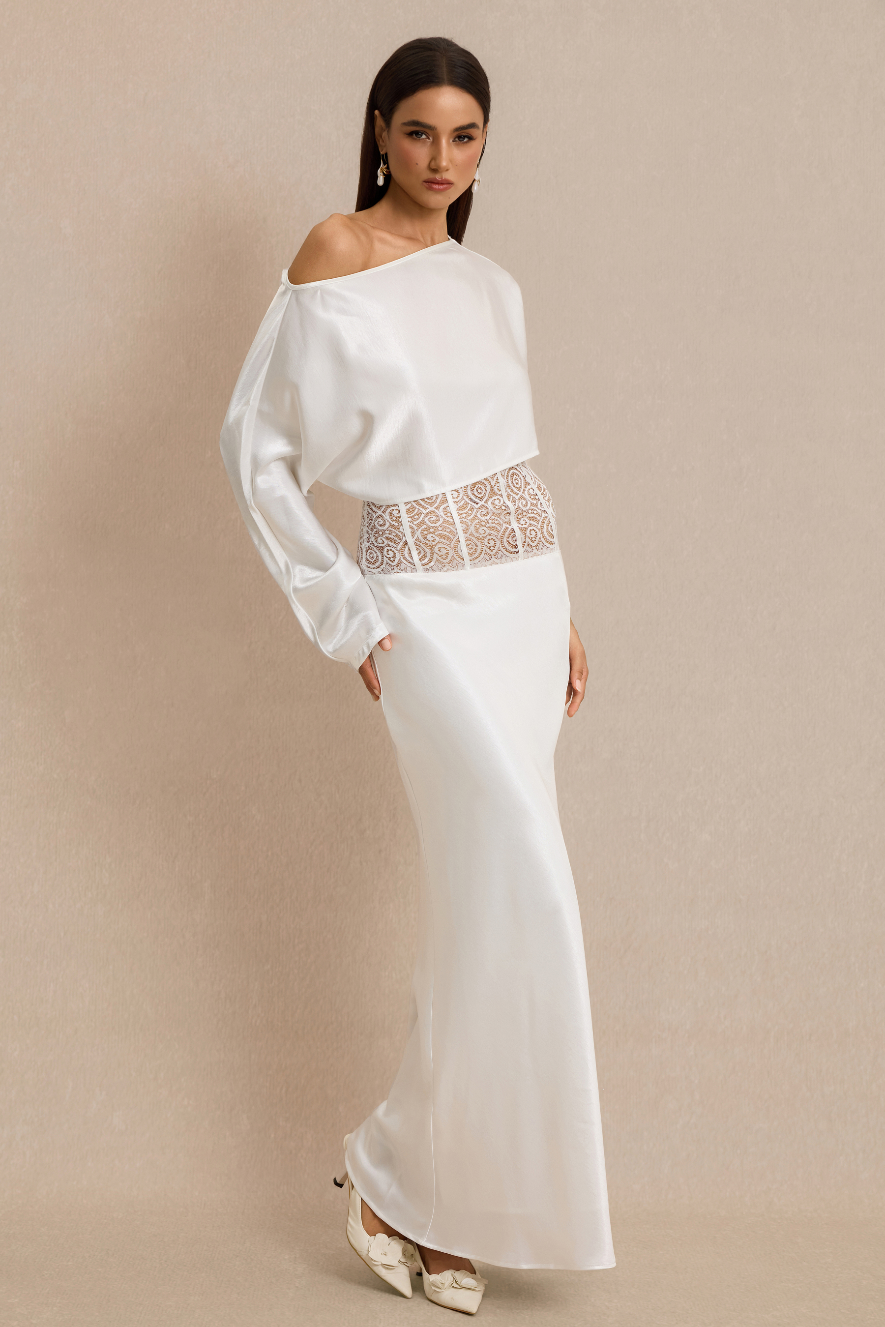 Satin Skew Collar Top & High Waist Maxi Skirt Set