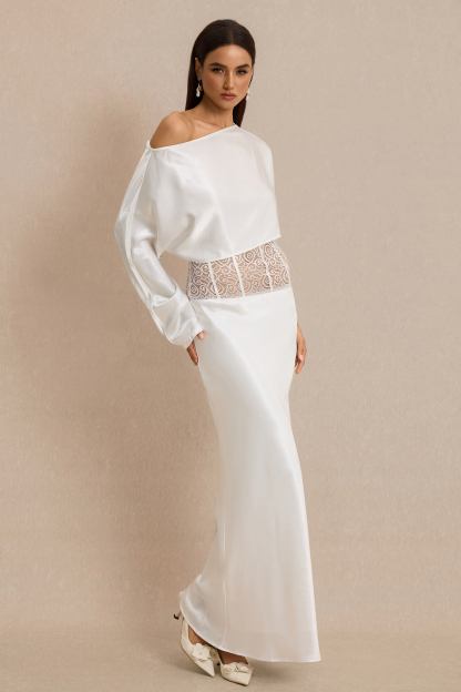 Satin Skew Collar Top & High Waist Maxi Skirt Set