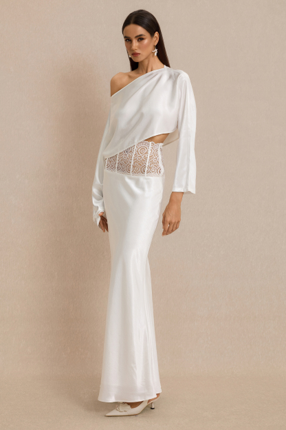 Satin Skew Collar Top & High Waist Maxi Skirt Set