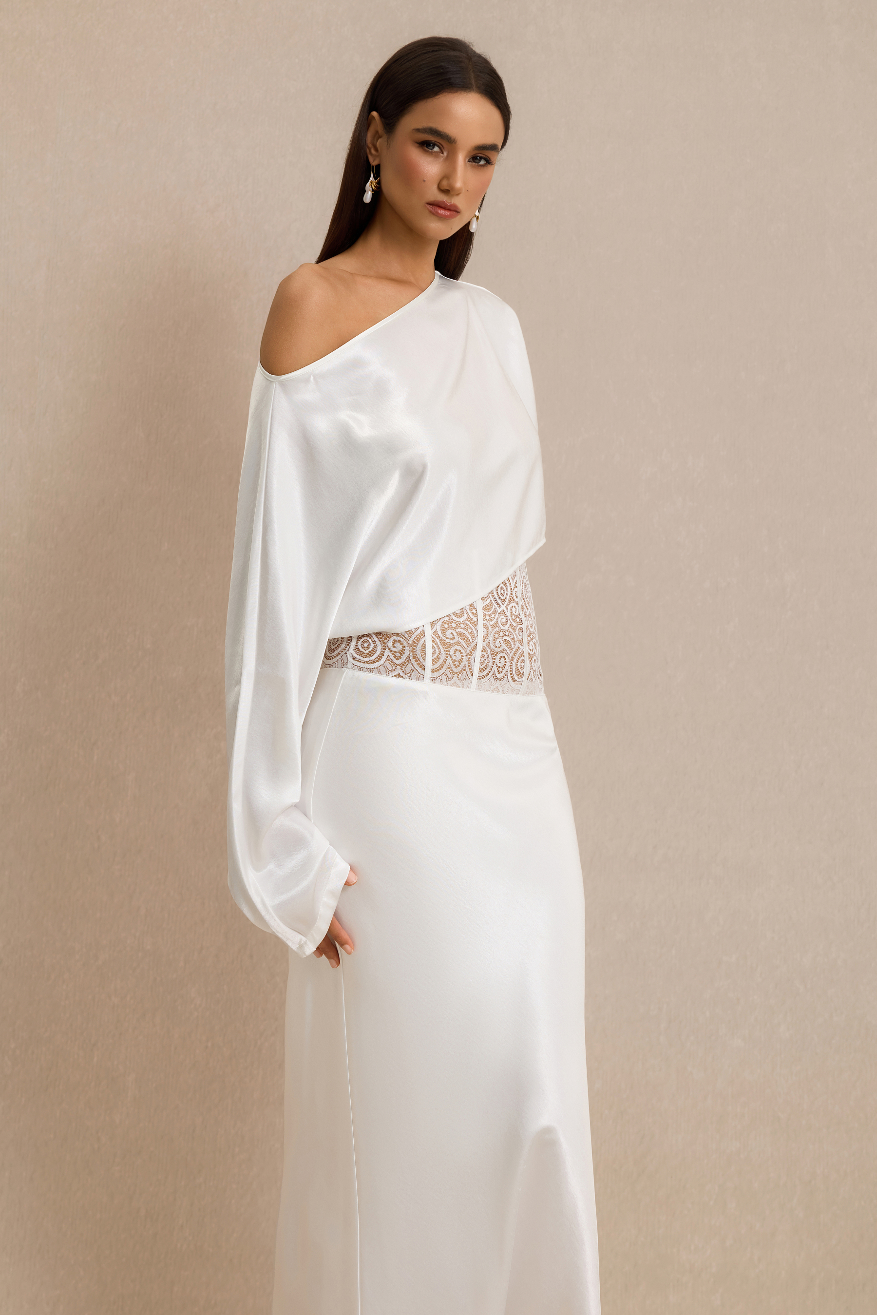 Satin Skew Collar Top & High Waist Maxi Skirt Set