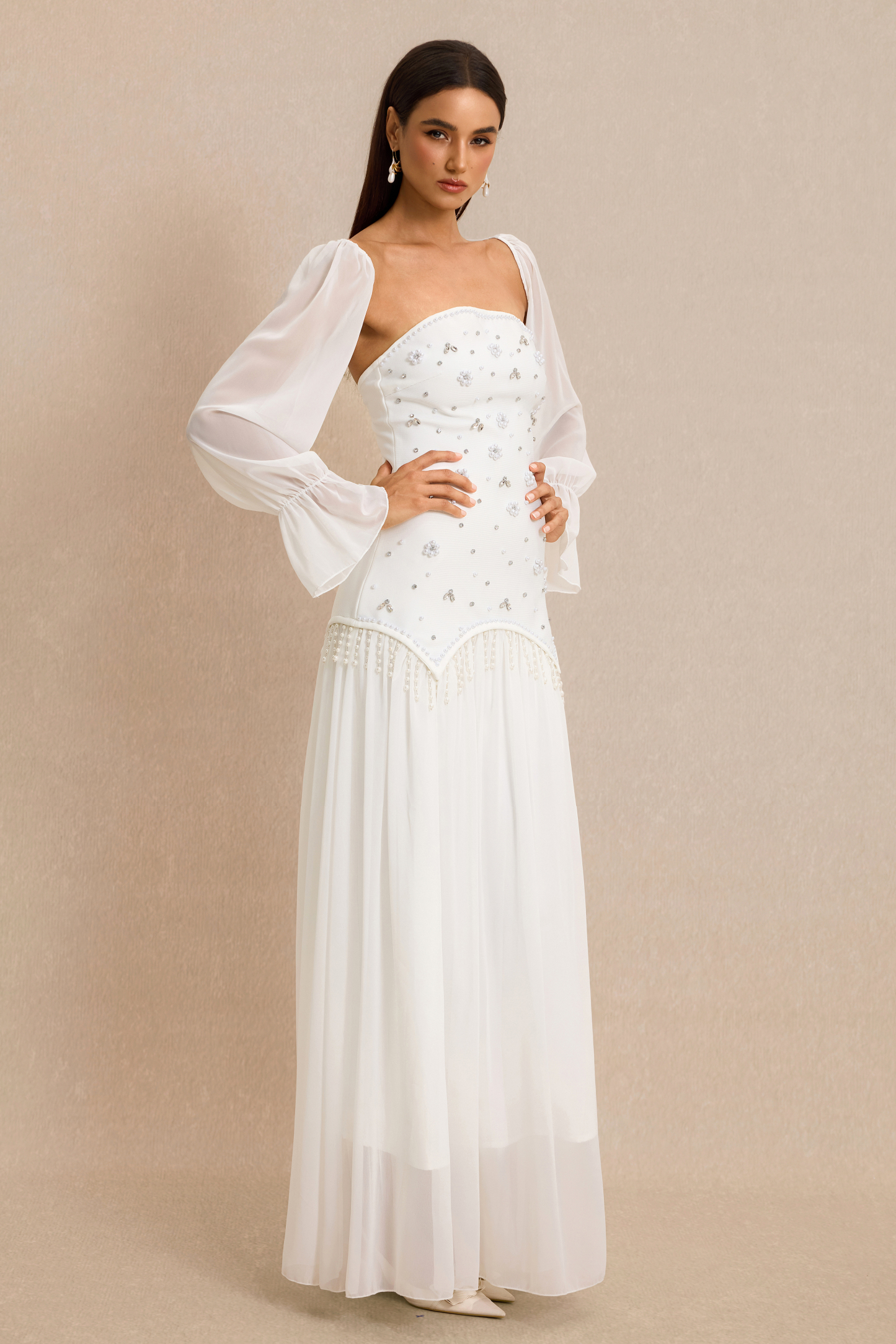 Strapless Beaded Maxi Dress With Cape