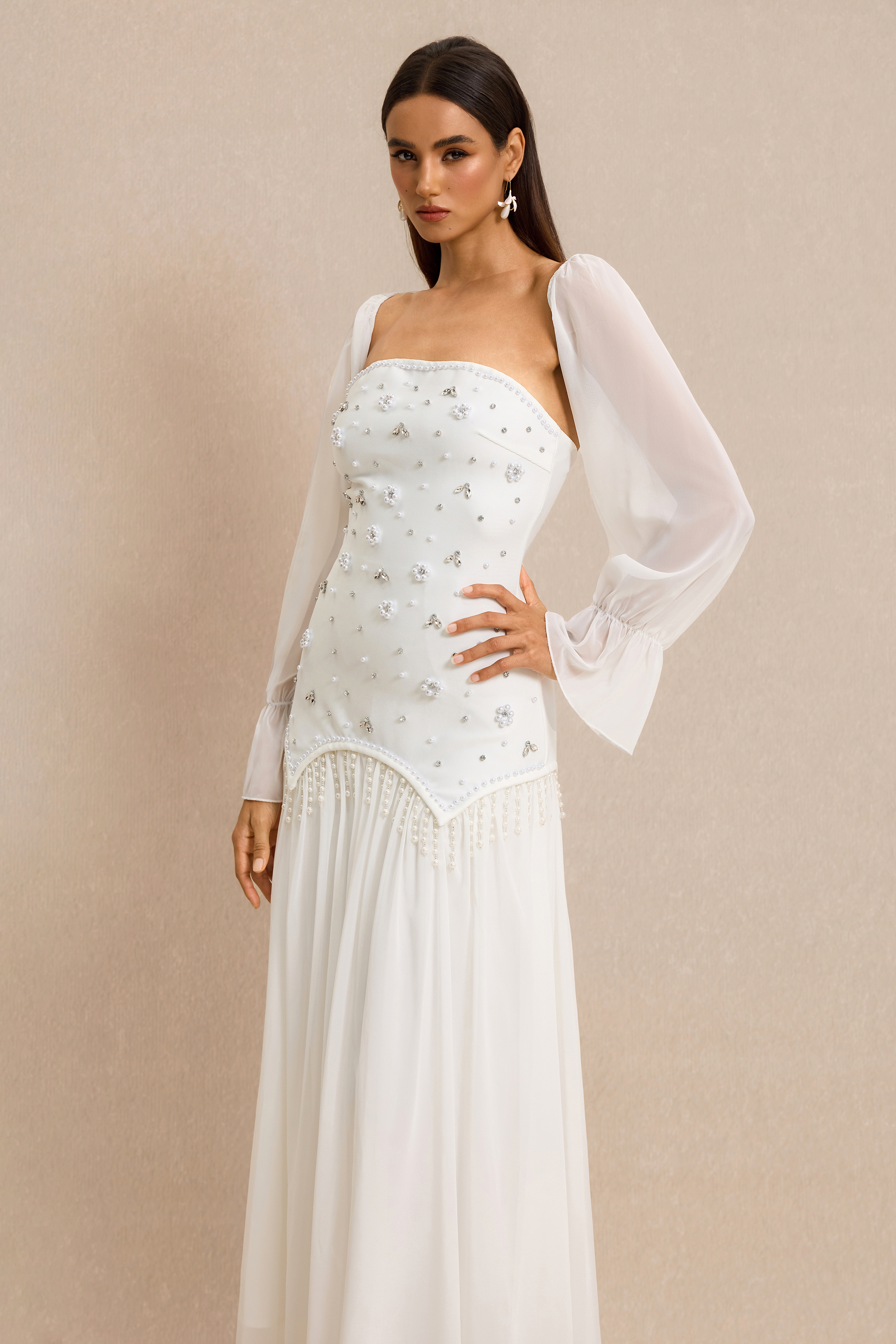 Strapless Beaded Maxi Dress With Cape