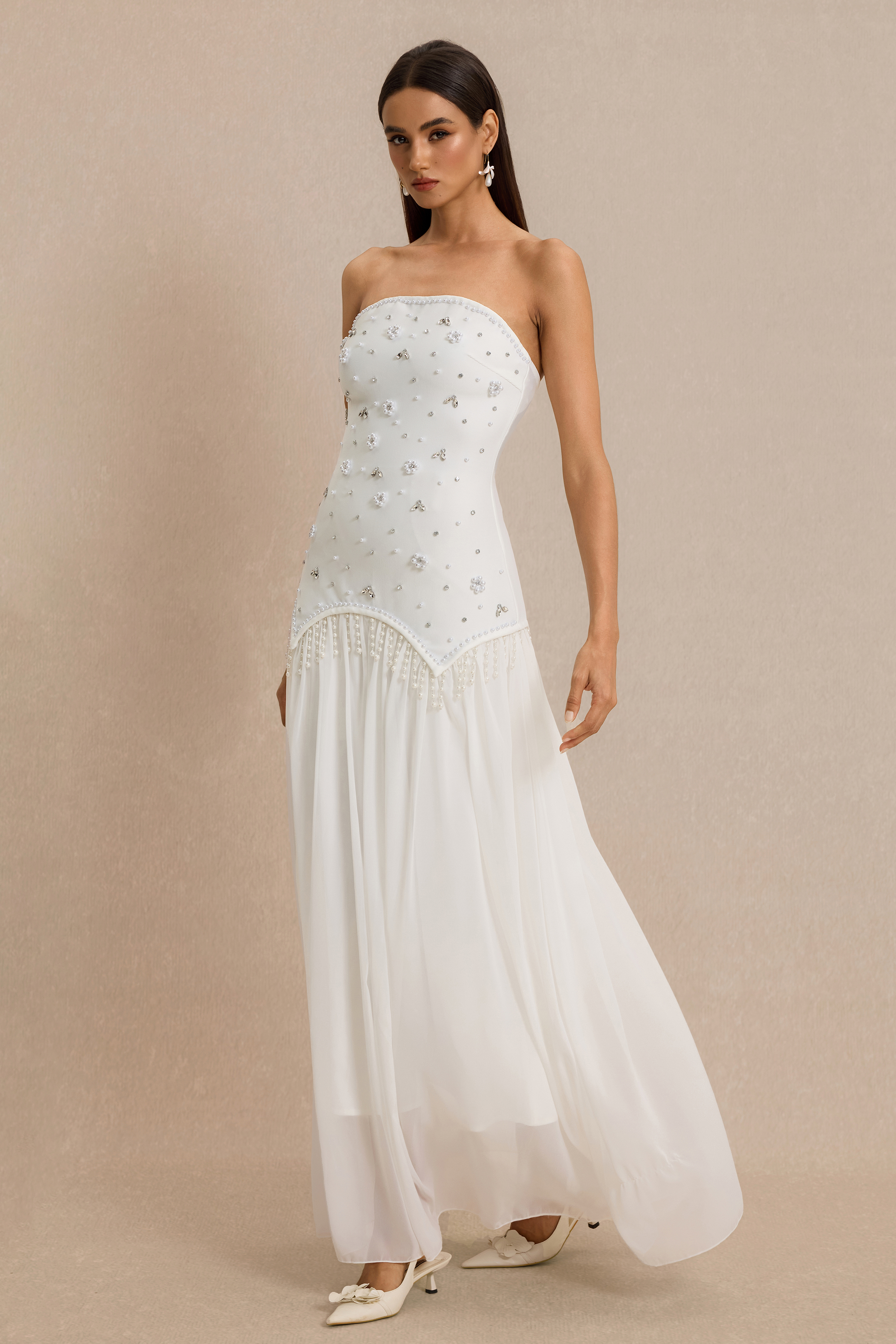 Strapless Beaded Maxi Dress With Cape