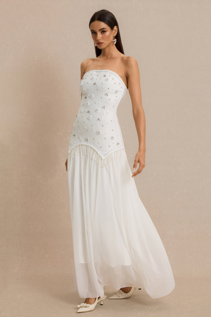 Strapless Beaded Maxi Dress With Cape