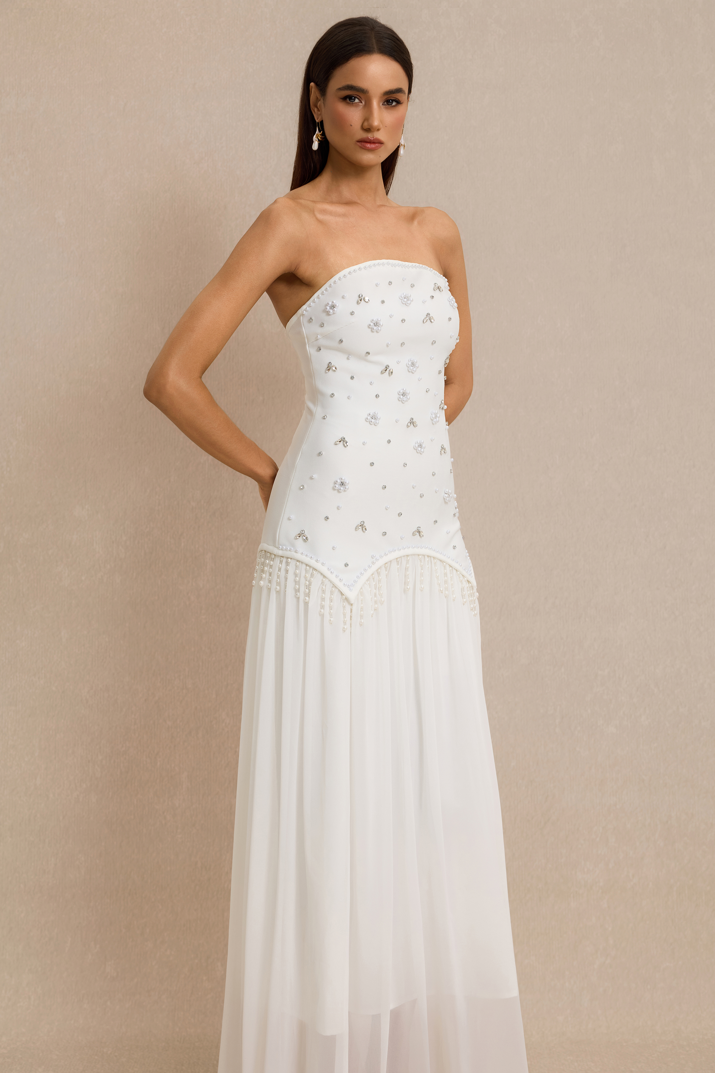 Strapless Beaded Maxi Dress With Cape