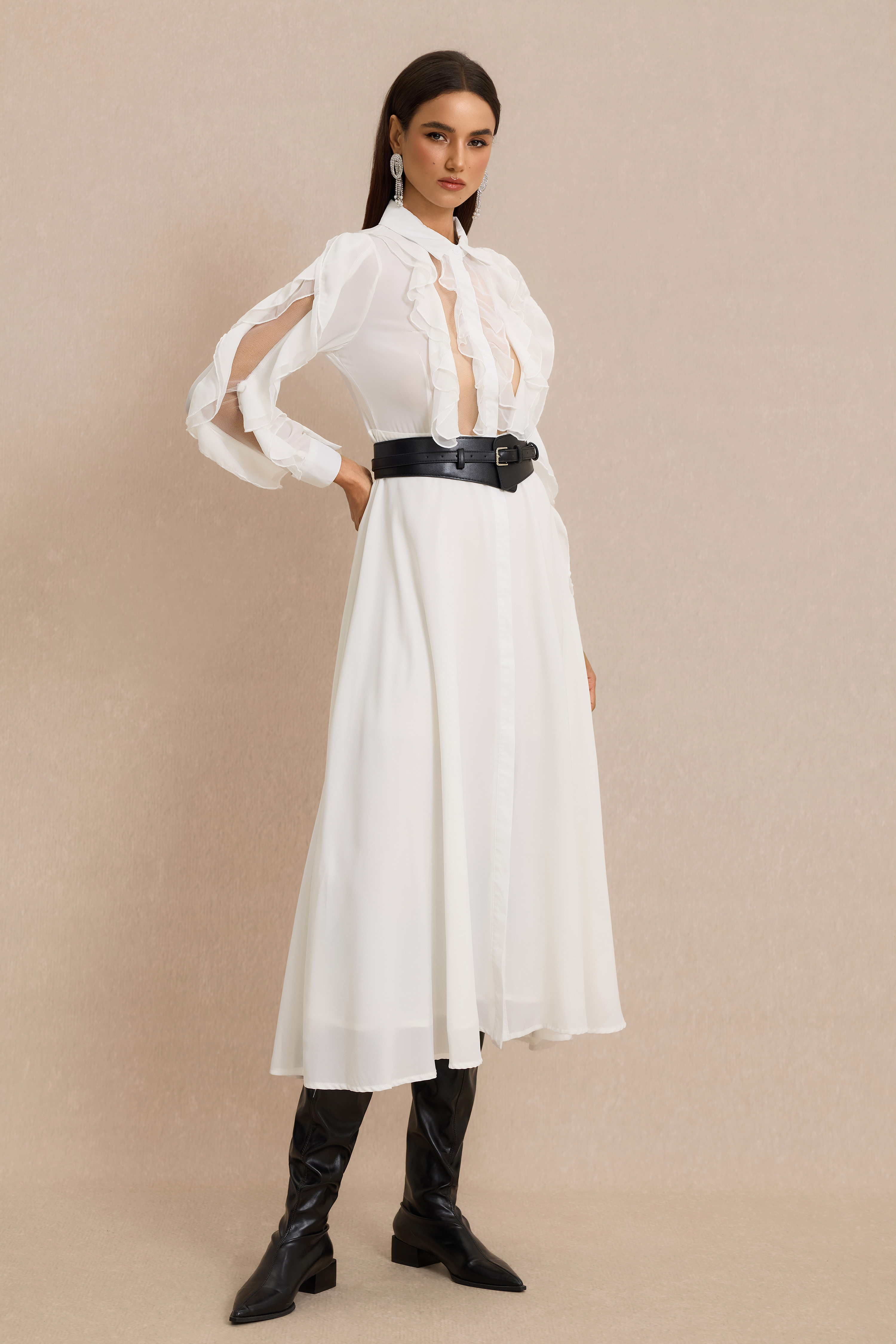 Ruffle Shirt Collar Midi Dress With Belt
