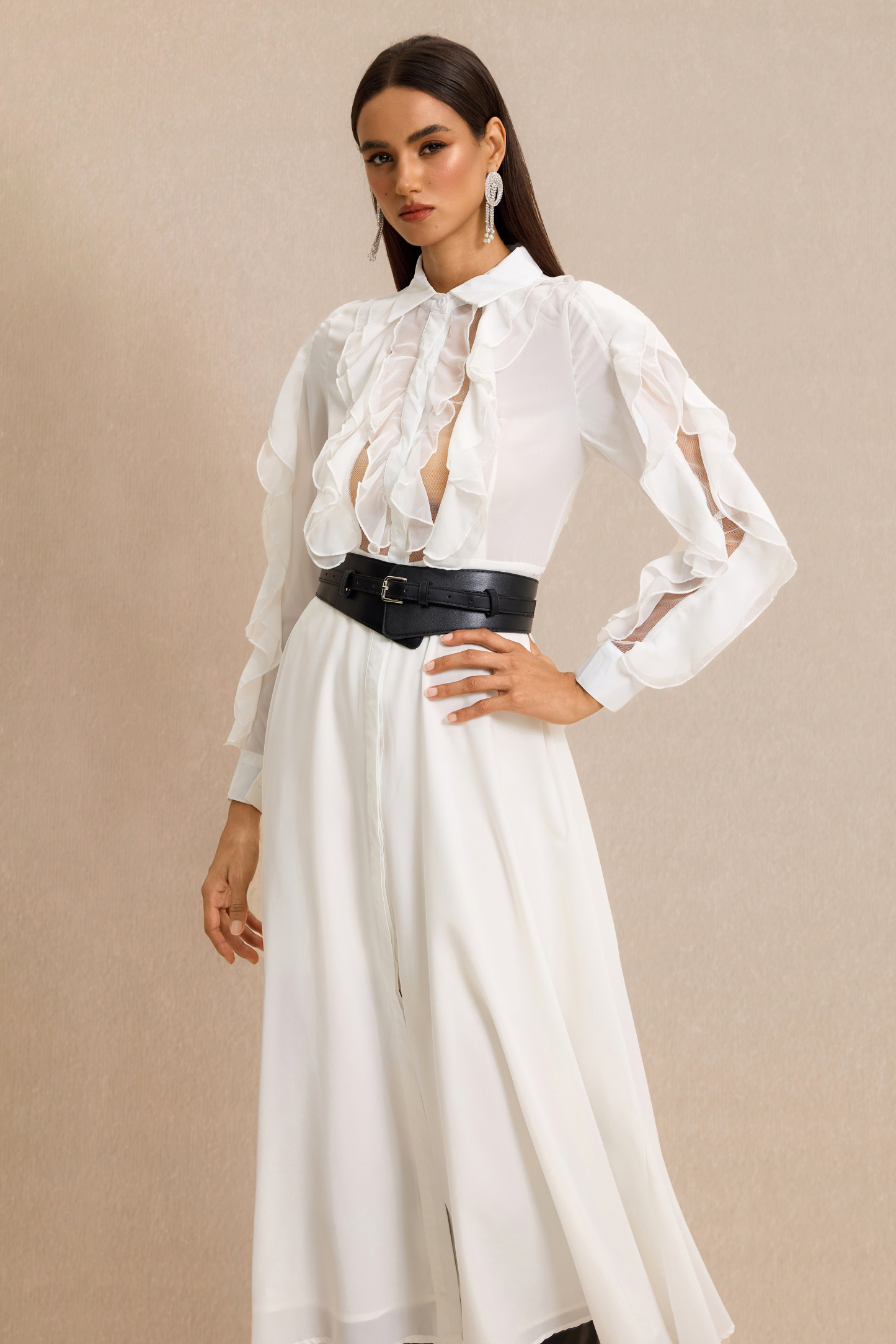 Ruffle Shirt Collar Midi Dress With Belt