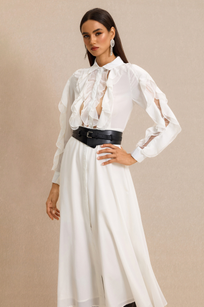 Ruffle Shirt Collar Midi Dress With Belt
