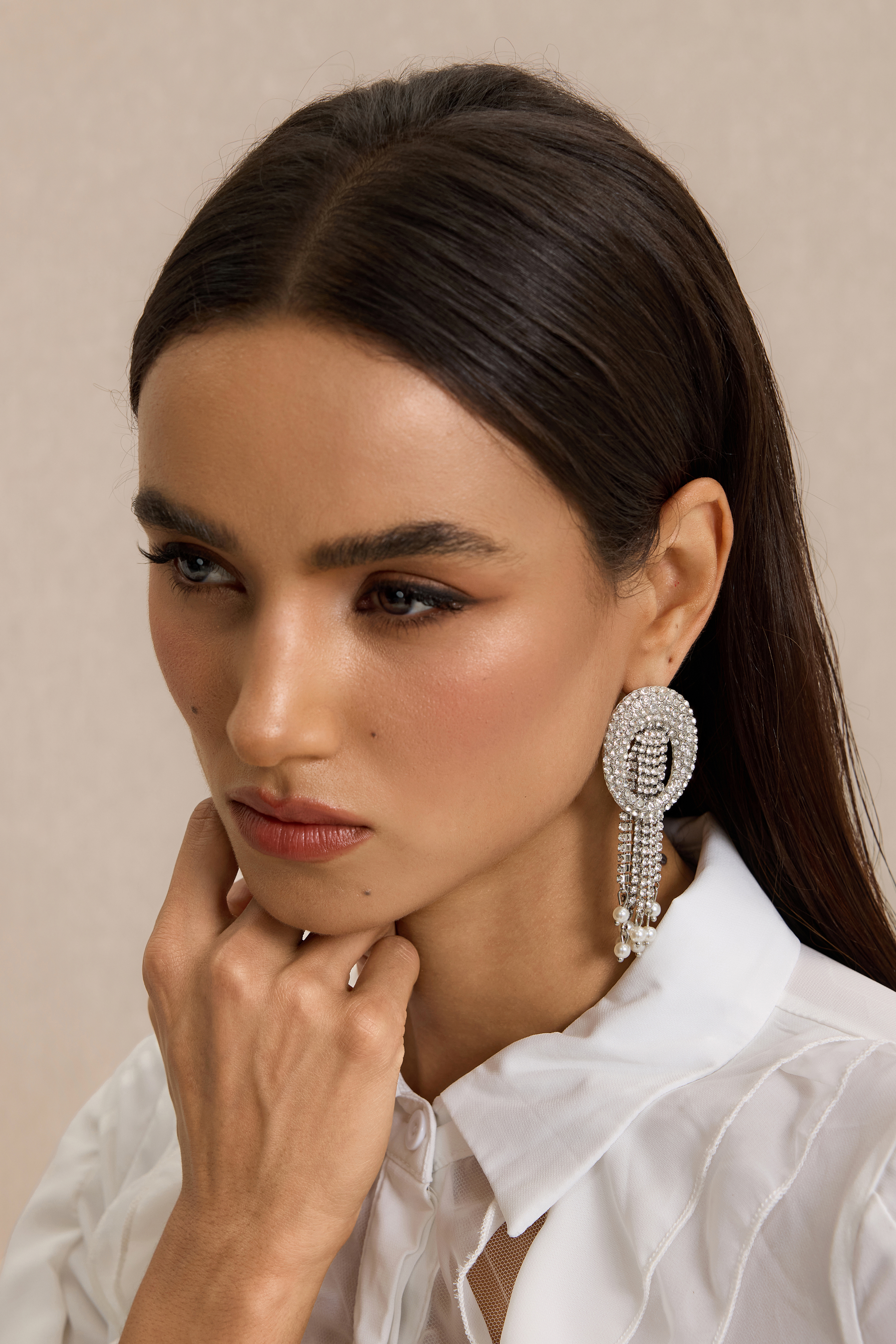 Rhinestone Circle Fringe Faux Pearl Drop Earrings