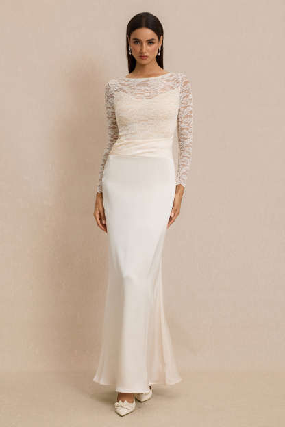 Pleat Lace Long Sleeve Bodycon Maxi Dress