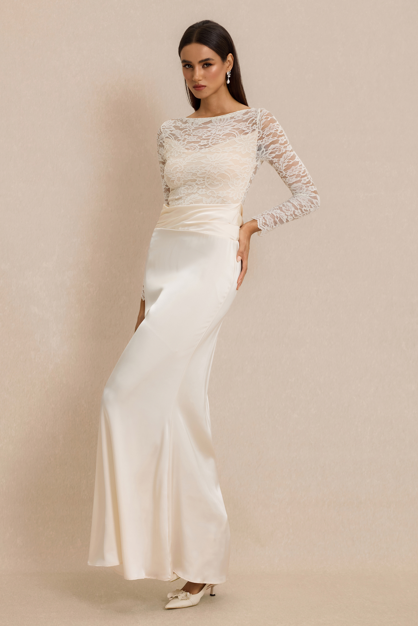 Pleat Lace Long Sleeve Bodycon Maxi Dress