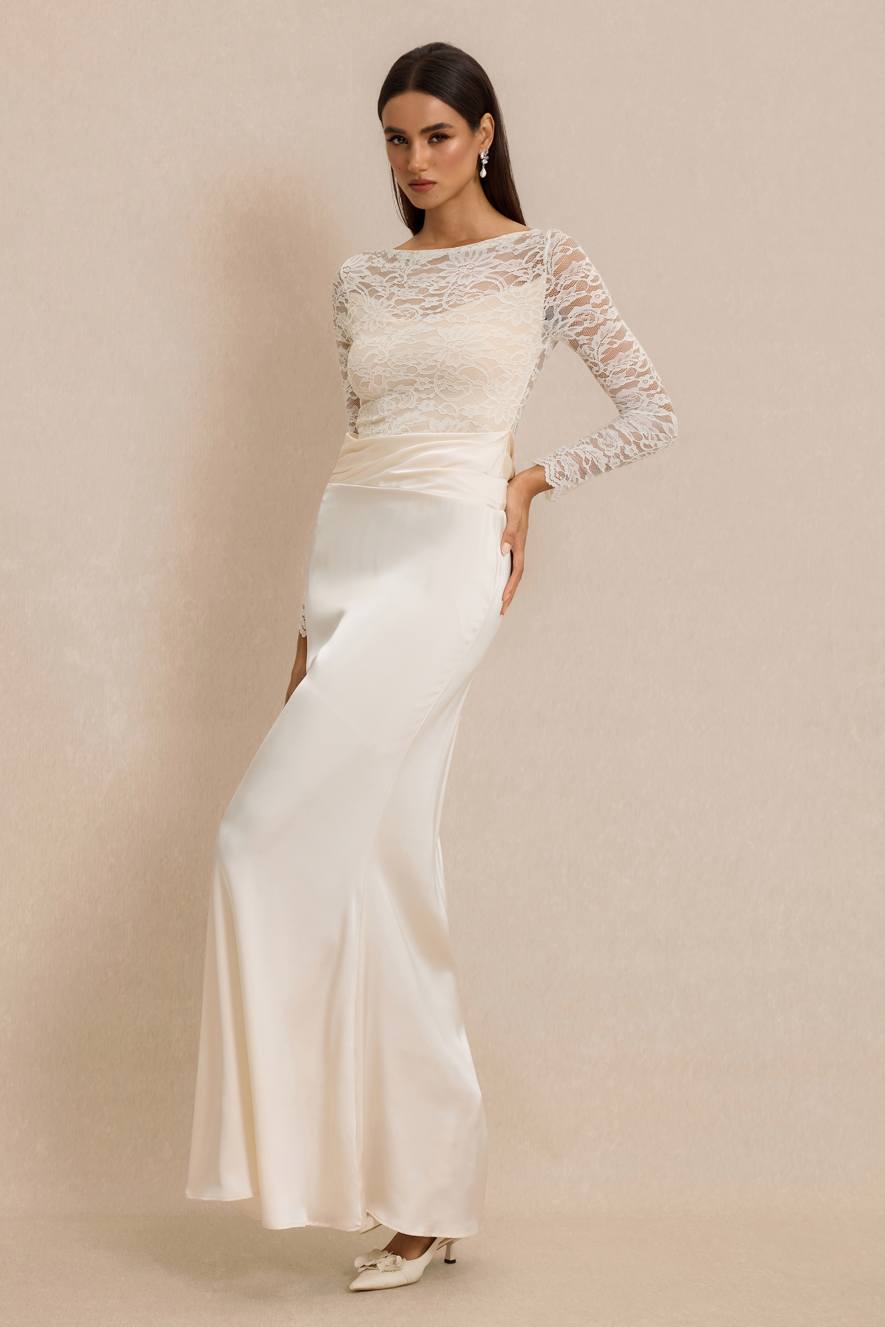 Pleat Lace Long Sleeve Bodycon Maxi Dress