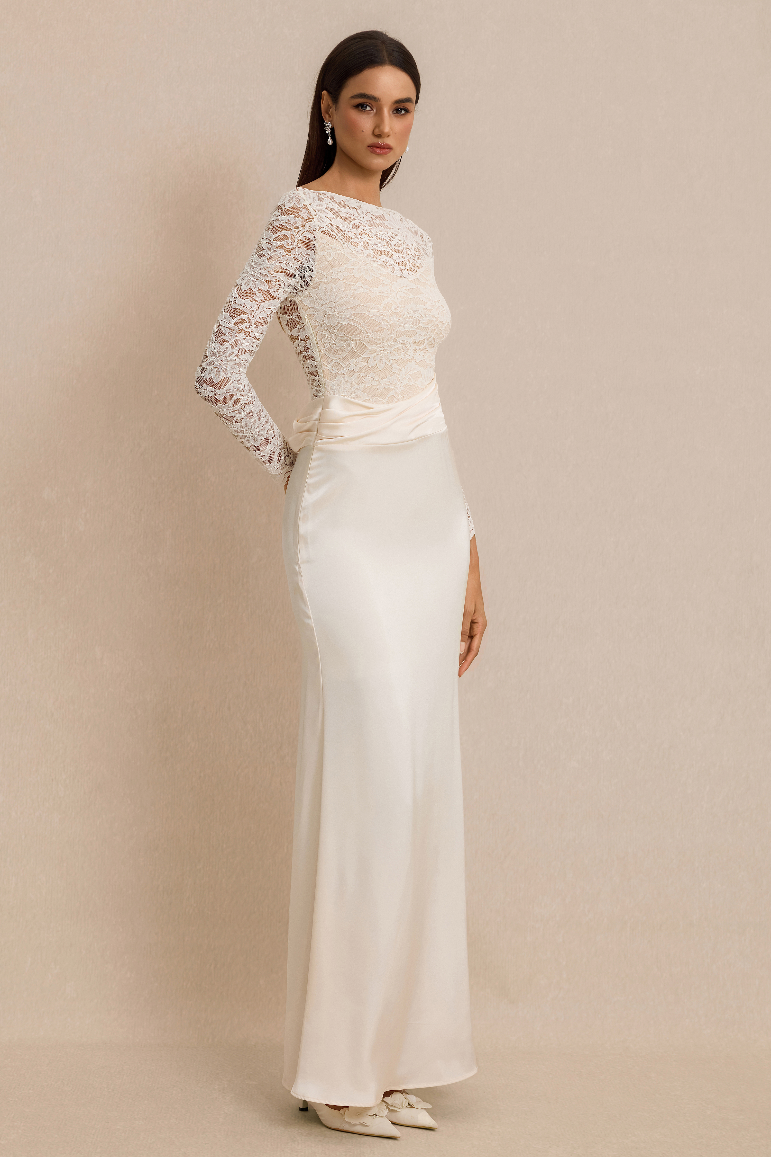 Pleat Lace Long Sleeve Bodycon Maxi Dress