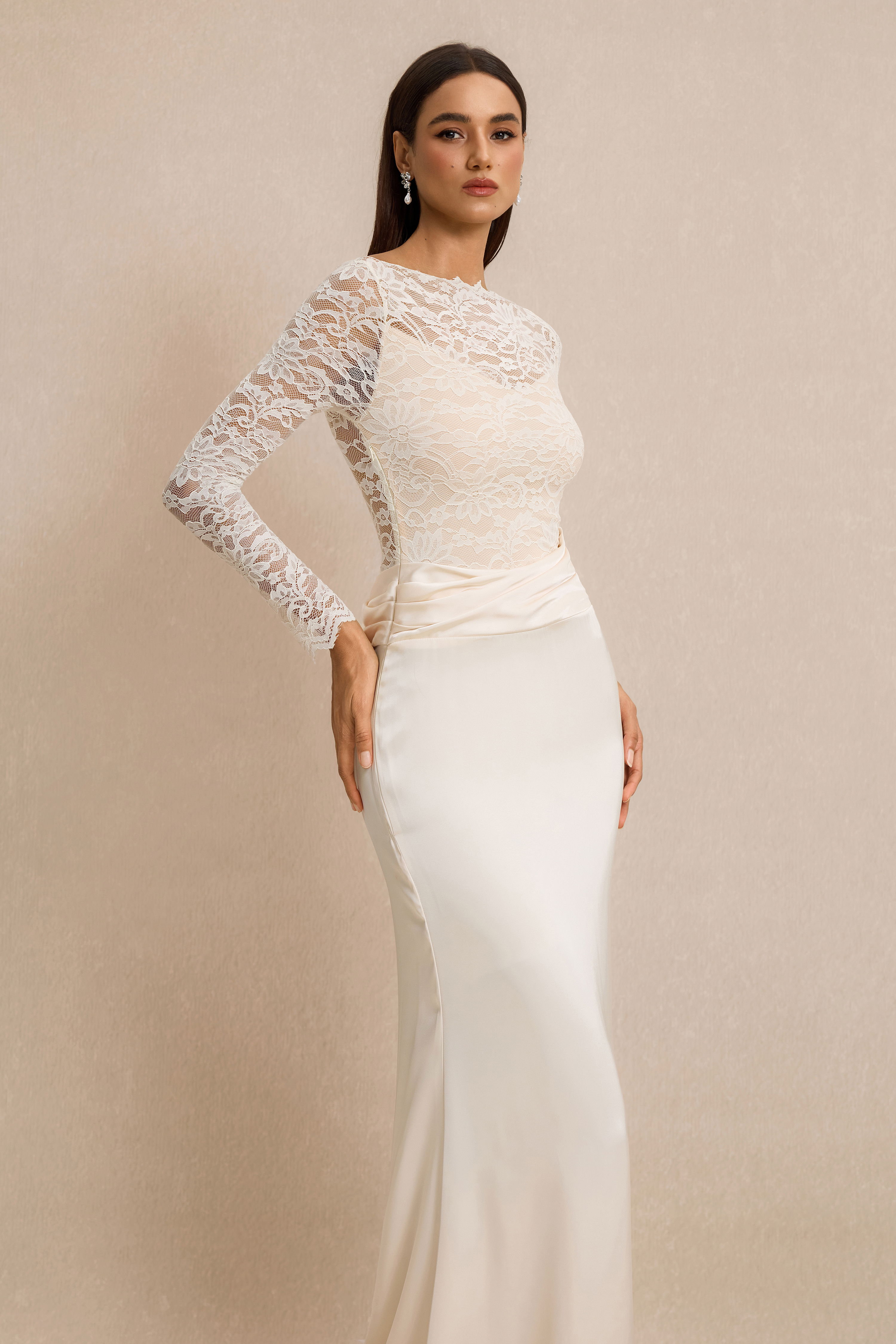 Pleat Lace Long Sleeve Bodycon Maxi Dress