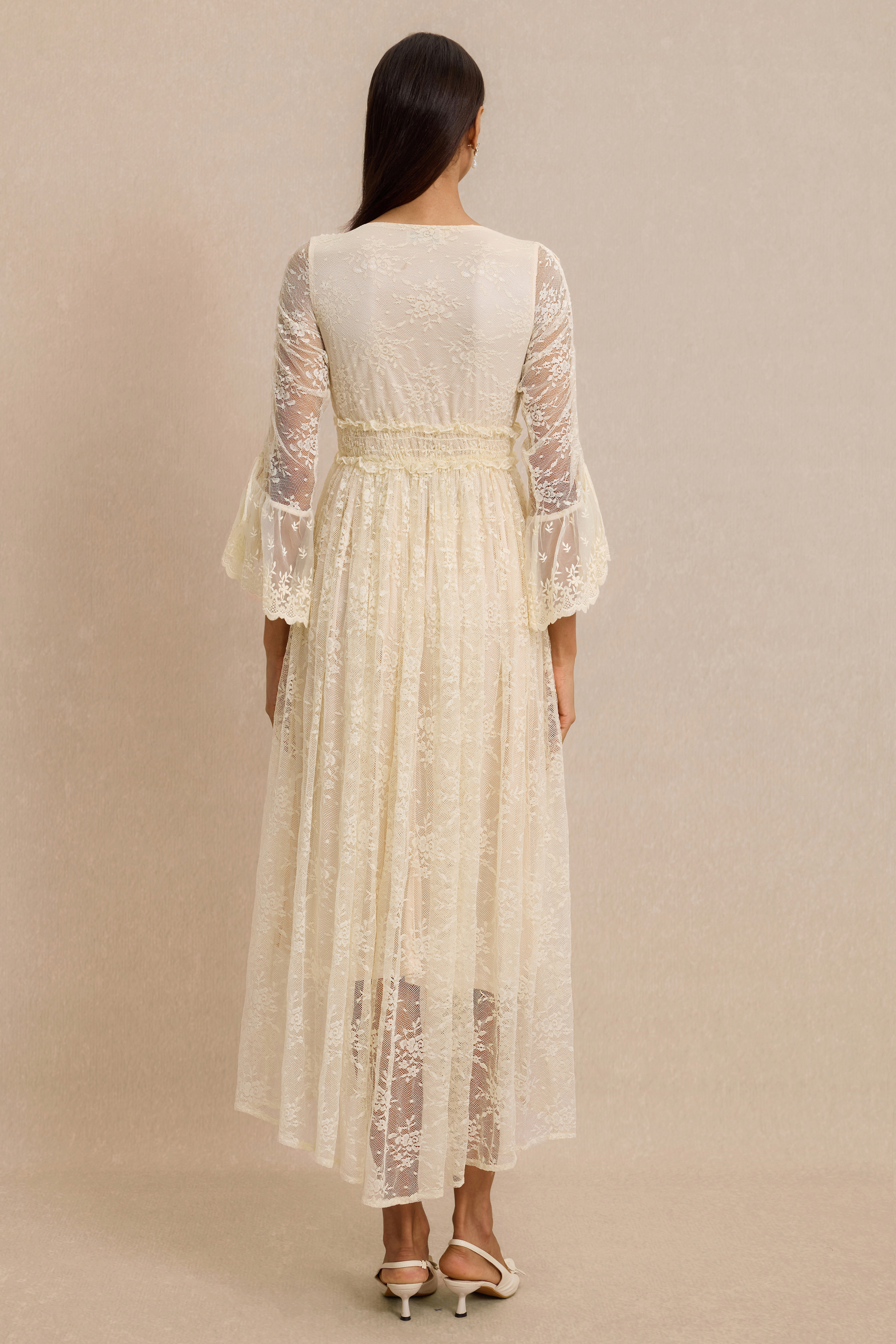 Lace Shirring Lace-Up Midi Dress