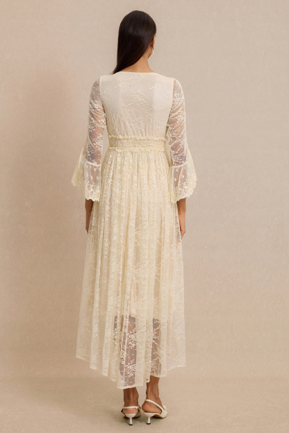 Lace Shirring Lace-Up Midi Dress