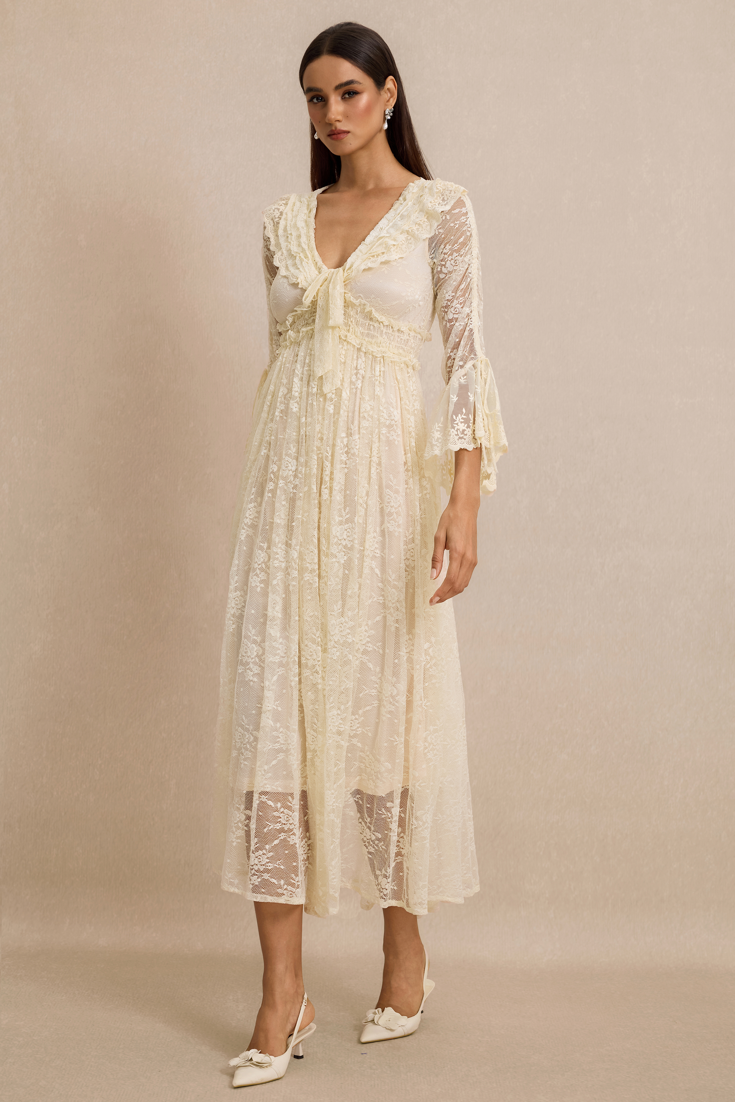 Lace Shirring Lace-Up Midi Dress