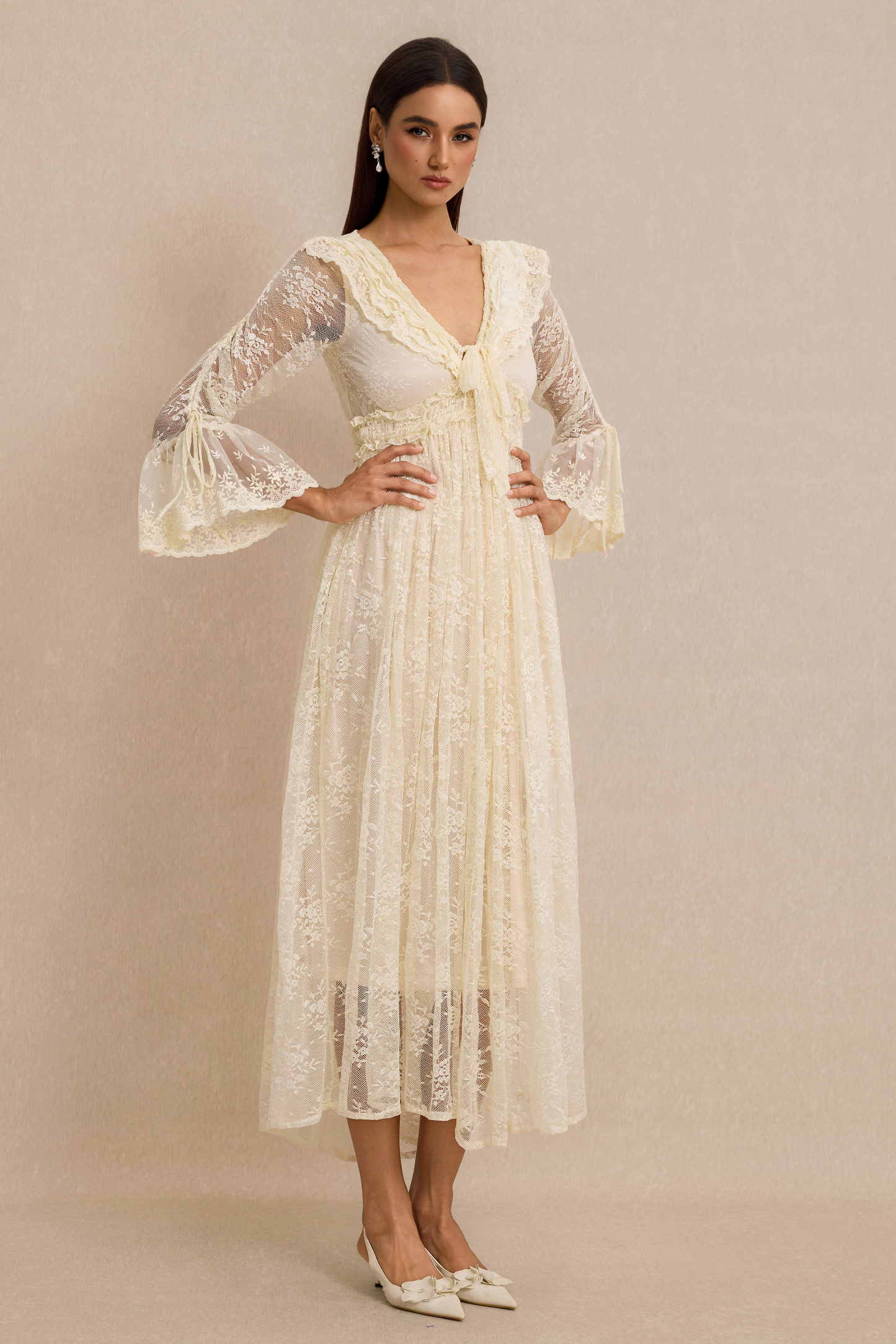 Lace Shirring Lace-Up Midi Dress