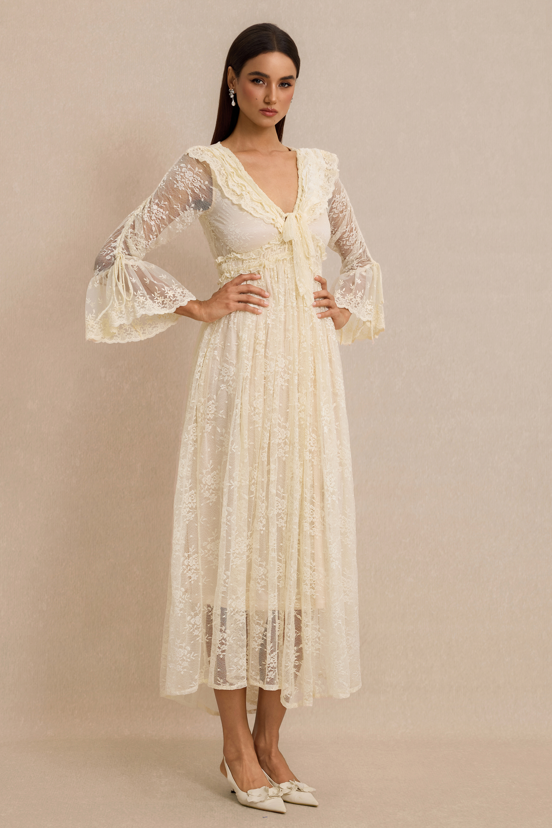 Lace Shirring Lace-Up Midi Dress