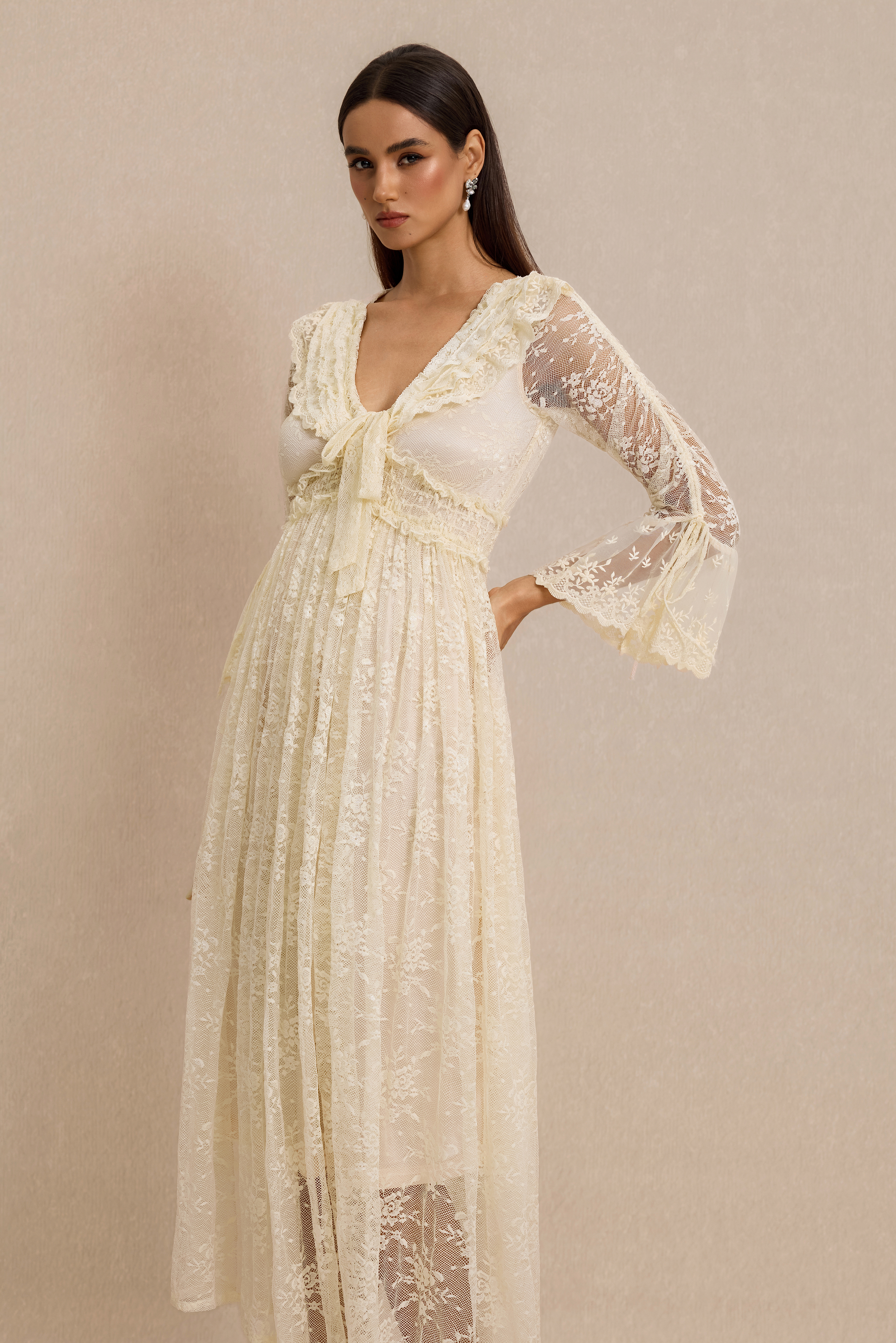 Lace Shirring Lace-Up Midi Dress