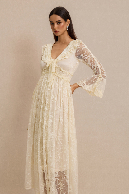 Lace Shirring Lace-Up Midi Dress