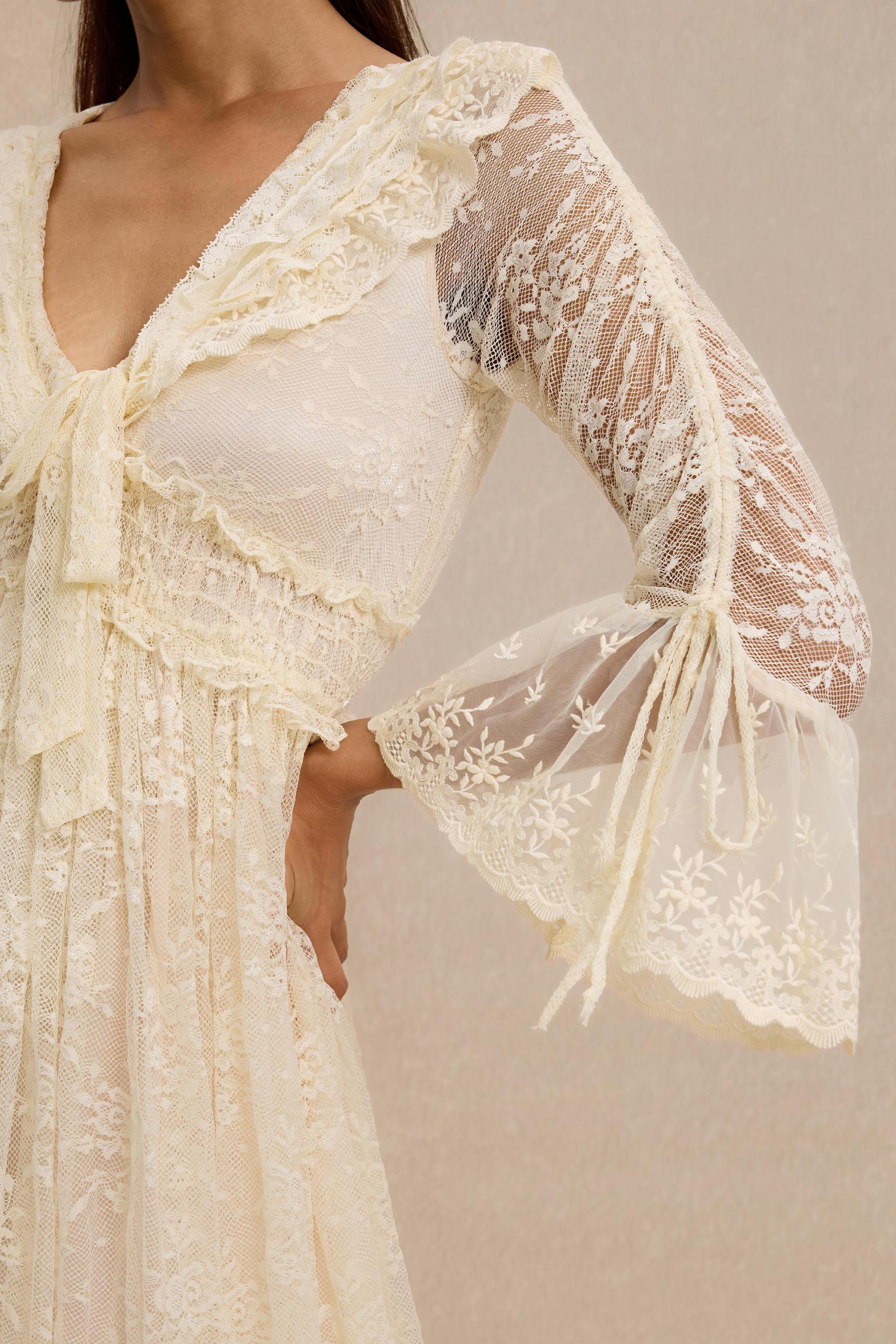 Lace Shirring Lace-Up Midi Dress