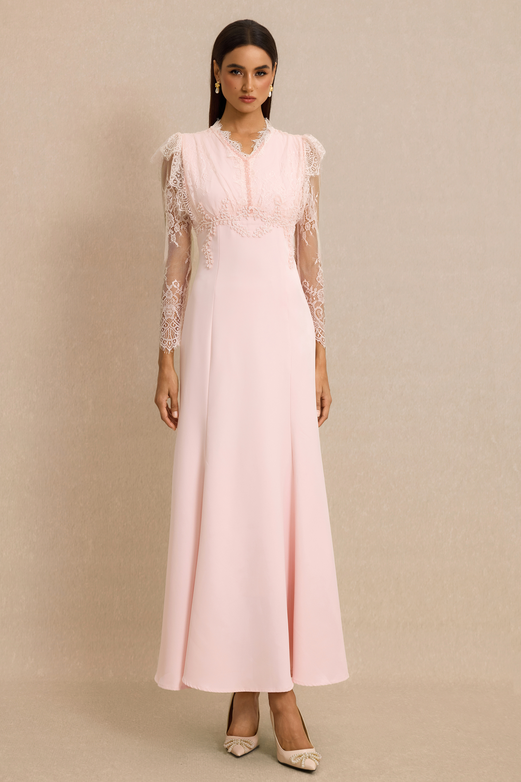 Lace V-Neck Nail Bead Embroidery Midi Dress