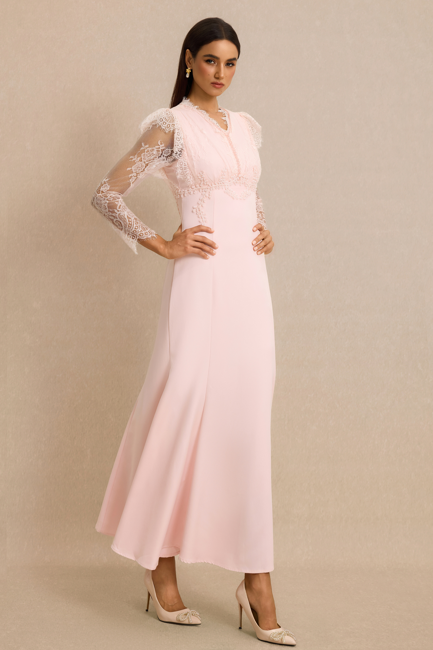 Lace V-Neck Nail Bead Embroidery Midi Dress