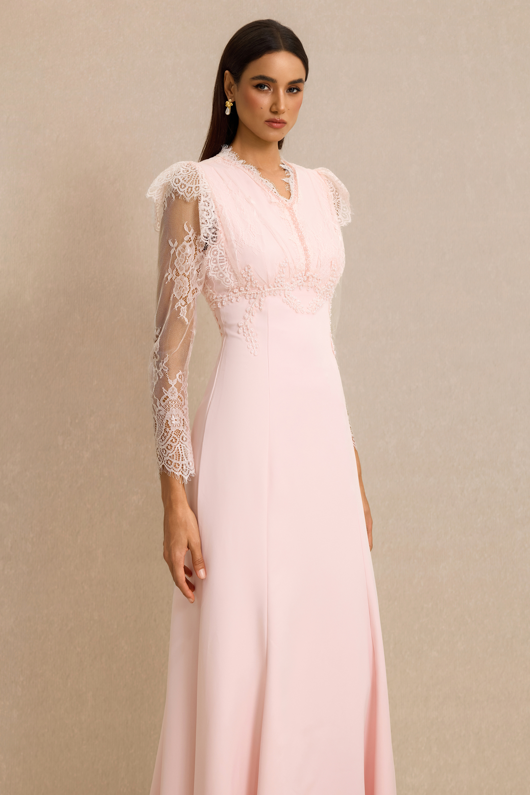 Lace V-Neck Nail Bead Embroidery Midi Dress
