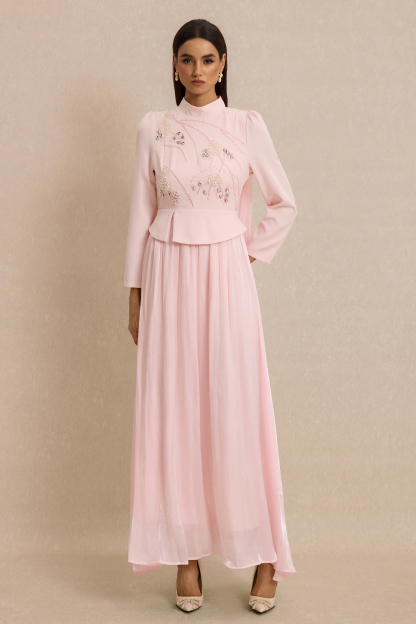 Rhinestone Rivets Pearl Stand Collar Maxi Dress