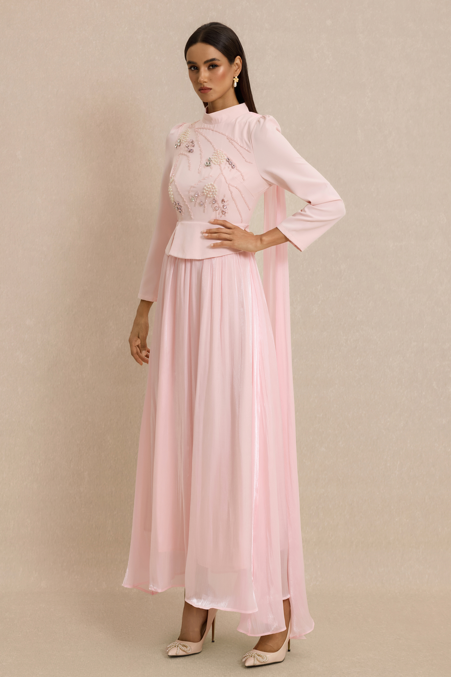 Rhinestone Rivets Pearl Stand Collar Maxi Dress