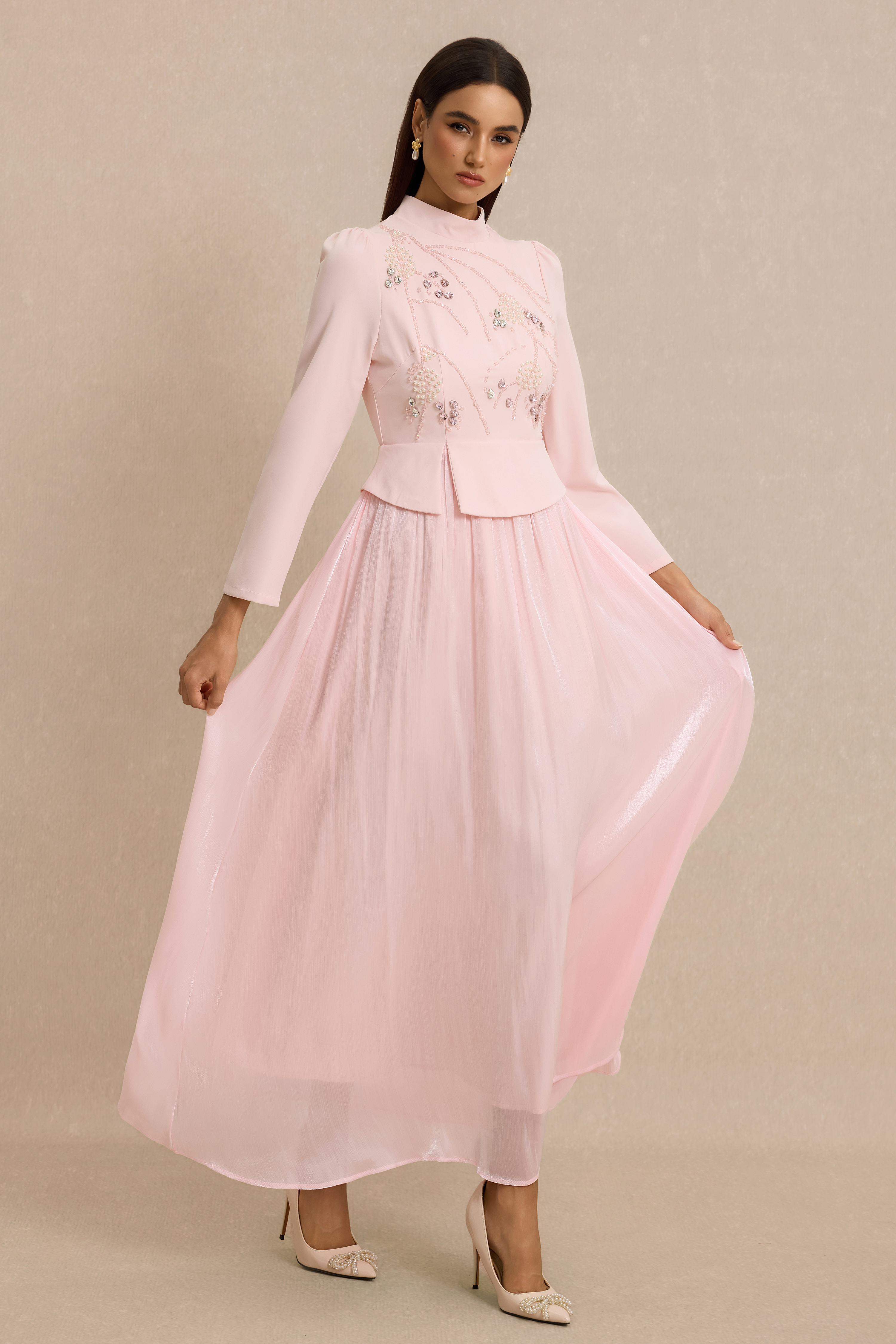 Rhinestone Rivets Pearl Stand Collar Maxi Dress