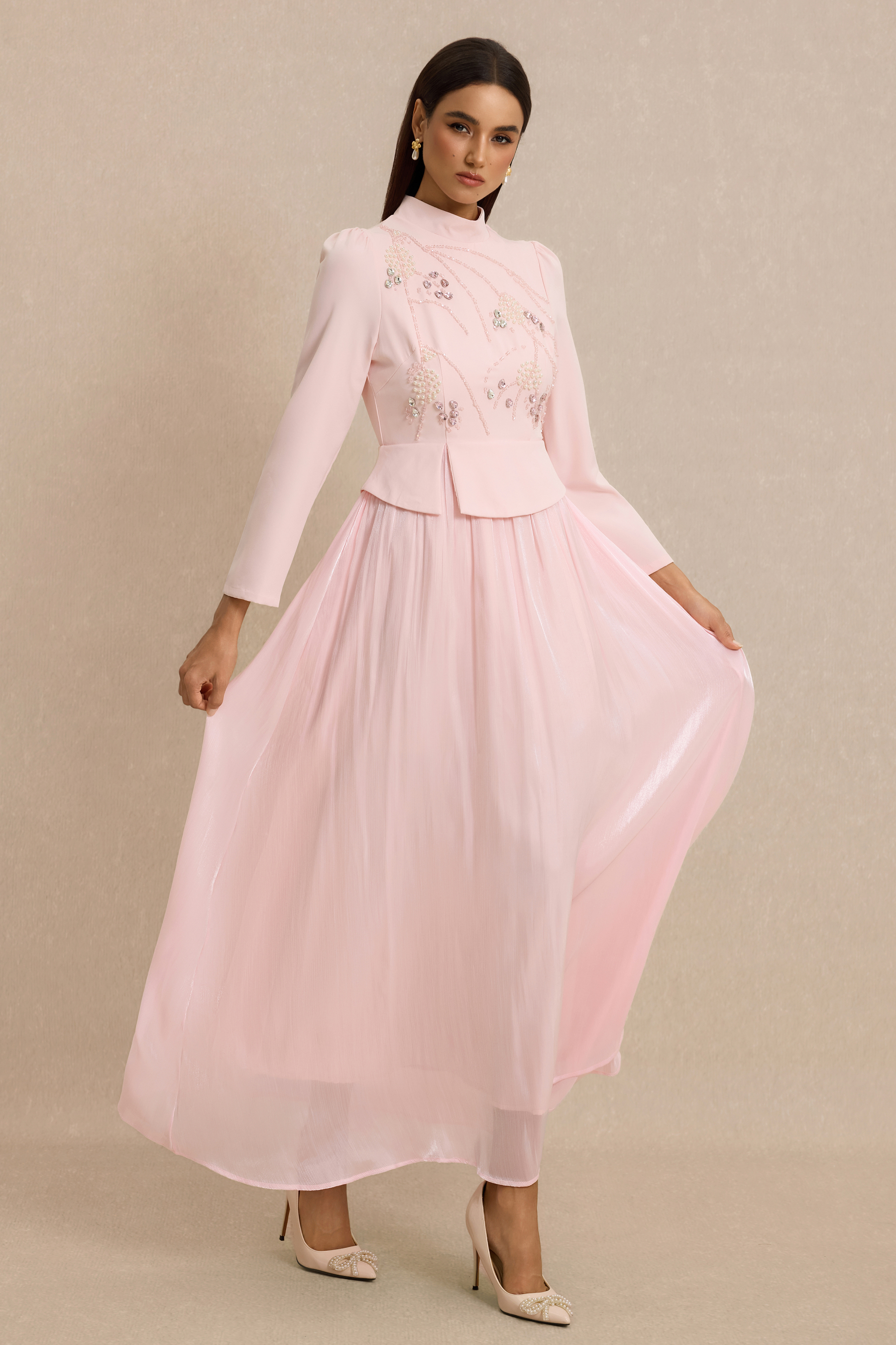 Rhinestone Rivets Pearl Stand Collar Maxi Dress