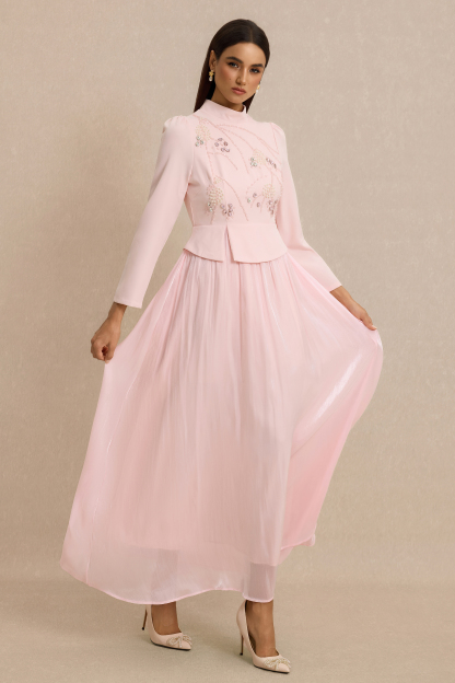 Rhinestone Rivets Pearl Stand Collar Maxi Dress