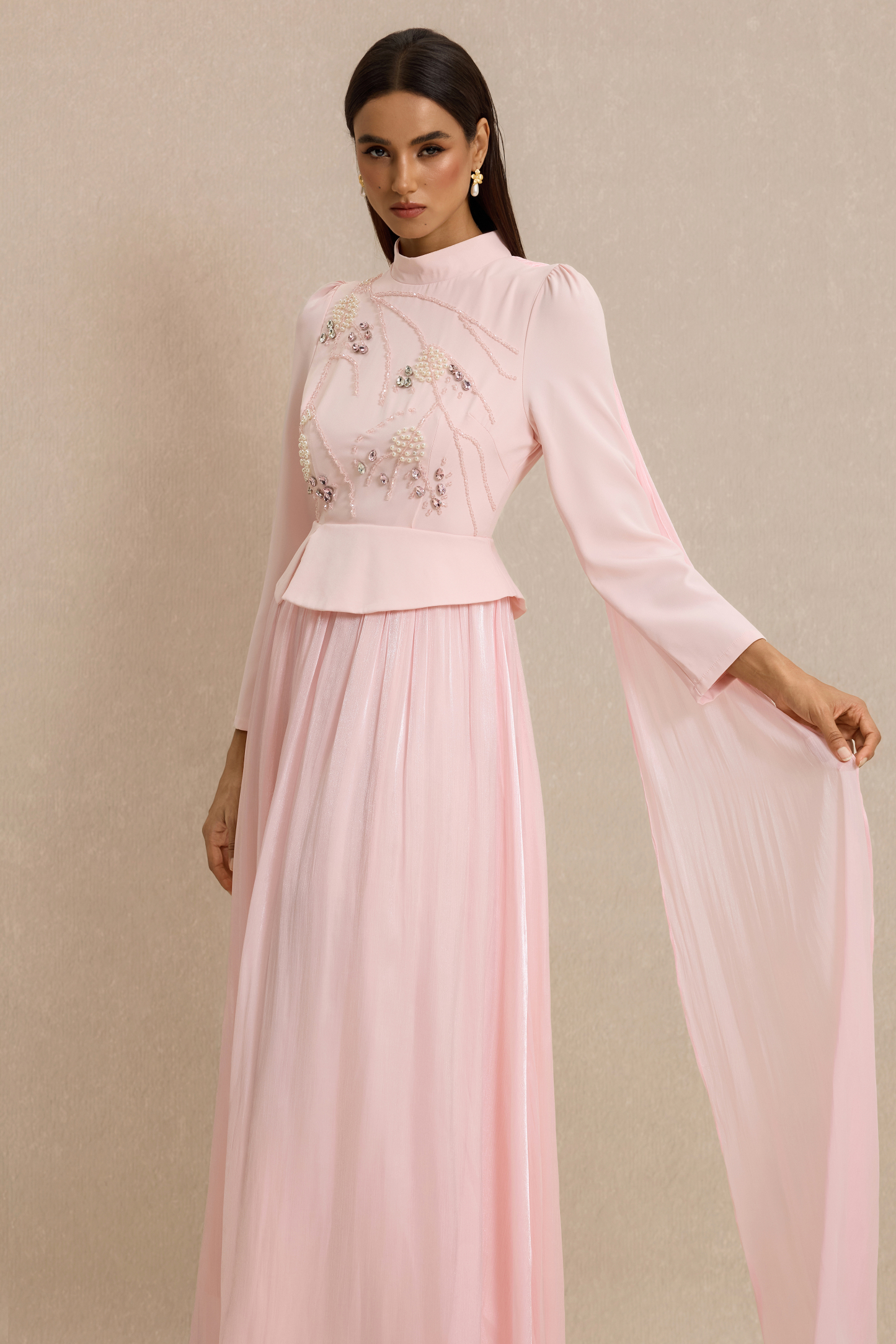 Rhinestone Rivets Pearl Stand Collar Maxi Dress