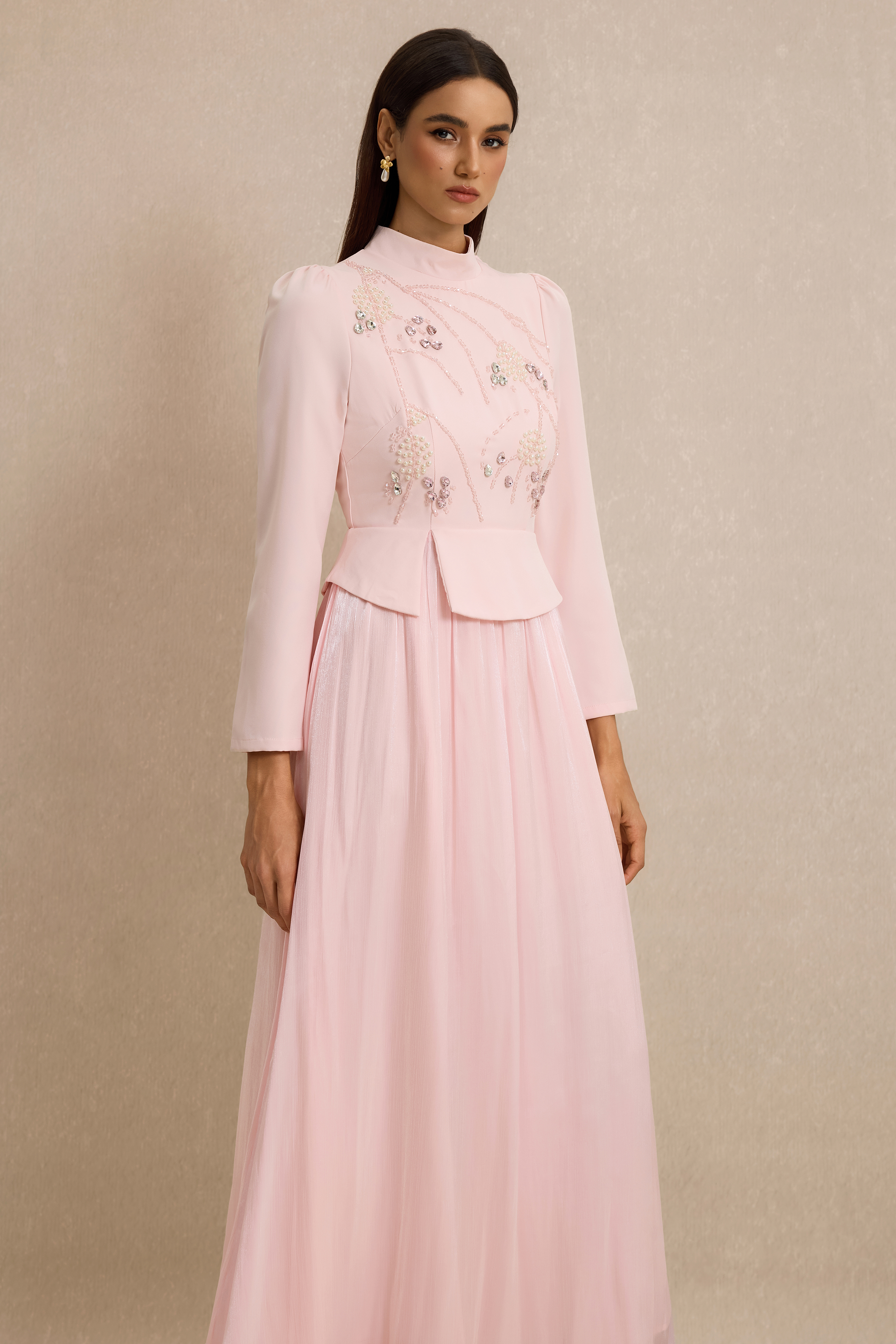 Rhinestone Rivets Pearl Stand Collar Maxi Dress