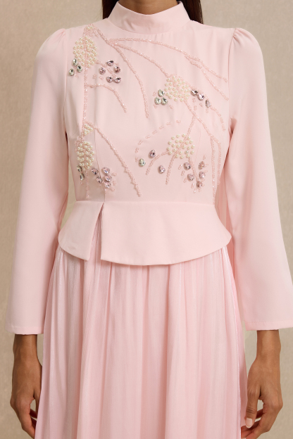 Rhinestone Rivets Pearl Stand Collar Maxi Dress