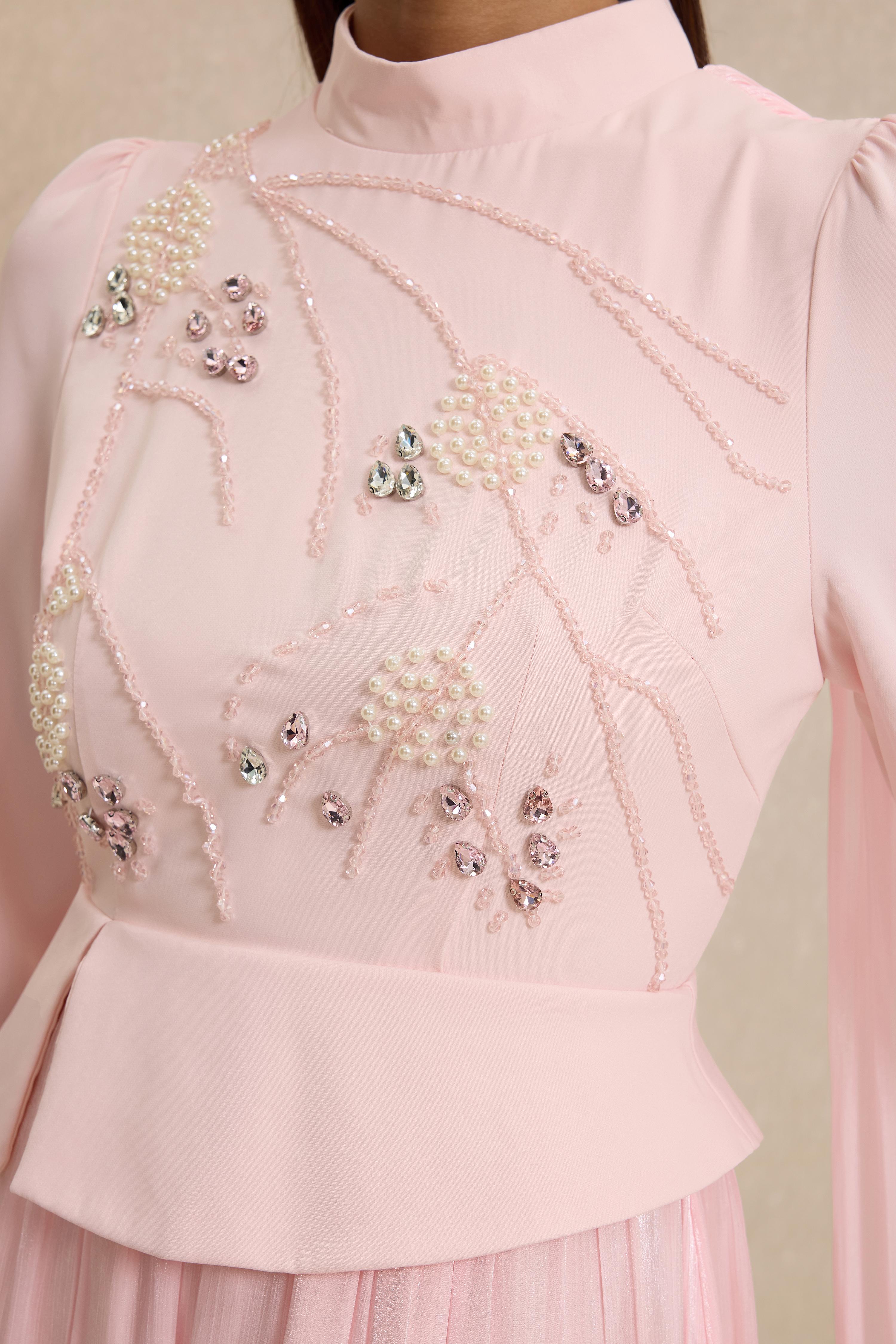 Rhinestone Rivets Pearl Stand Collar Maxi Dress