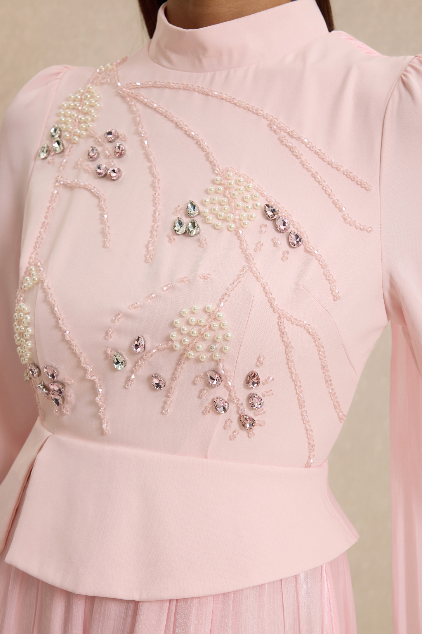 Rhinestone Rivets Pearl Stand Collar Maxi Dress