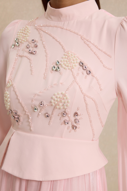 Rhinestone Rivets Pearl Stand Collar Maxi Dress